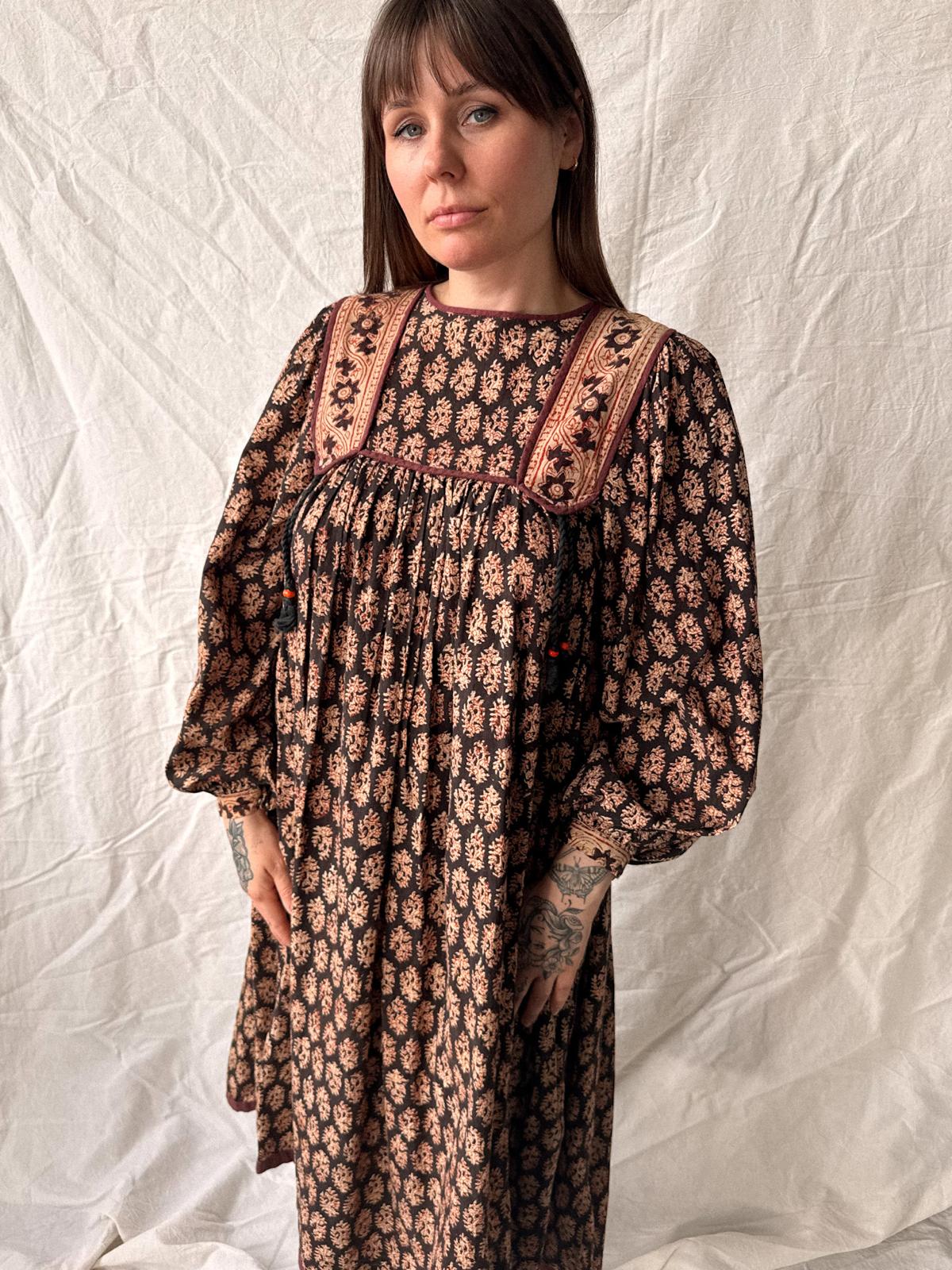 1970s Phool Hand Block Printed Cotton Midi Dress