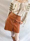 1970s Genuine Leather Mini Skirt – Caramel Brown Button Front Lambskin Skirt