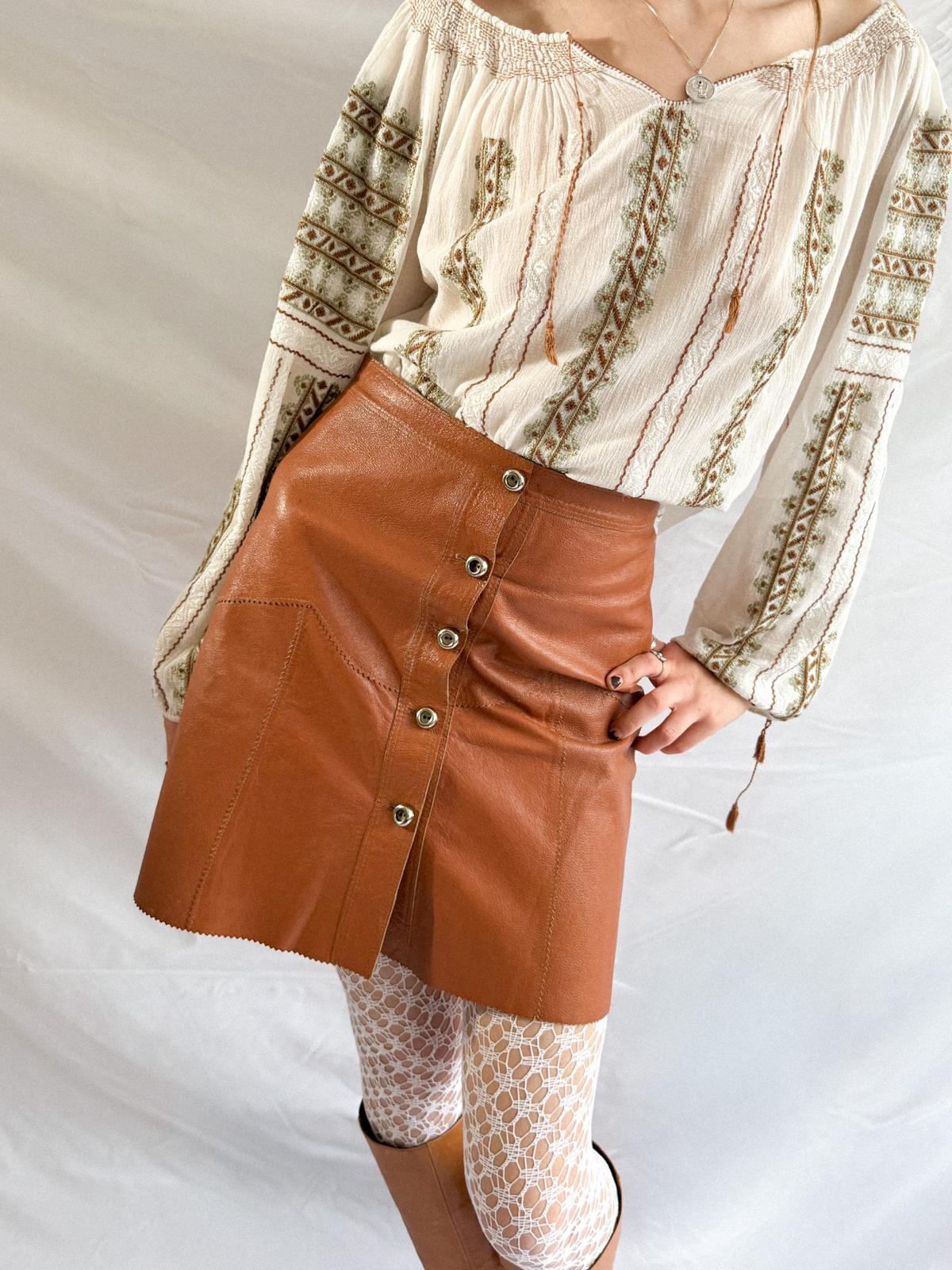 1970s Genuine Leather Mini Skirt – Caramel Brown Button Front Lambskin Skirt