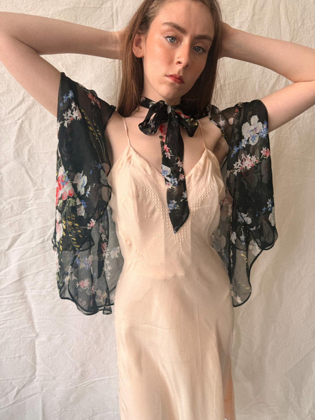1930s Floral Silk Chiffon Cape Jacket/Bolero