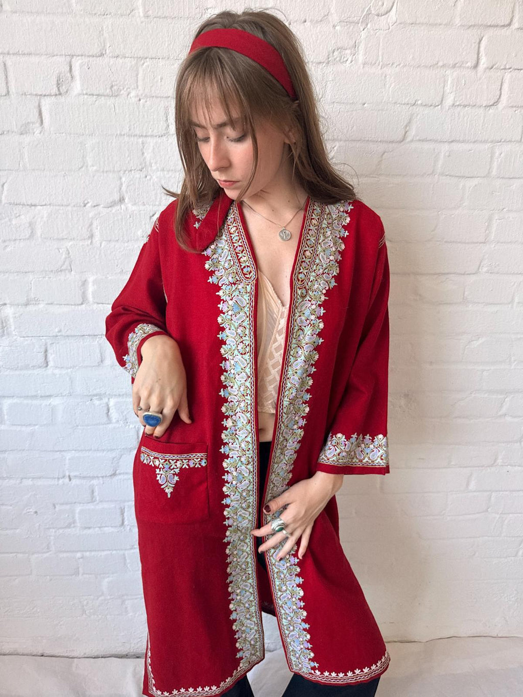 1920s–30s Kashmiri Embroidered Red Pashmina Wool Duster Coat