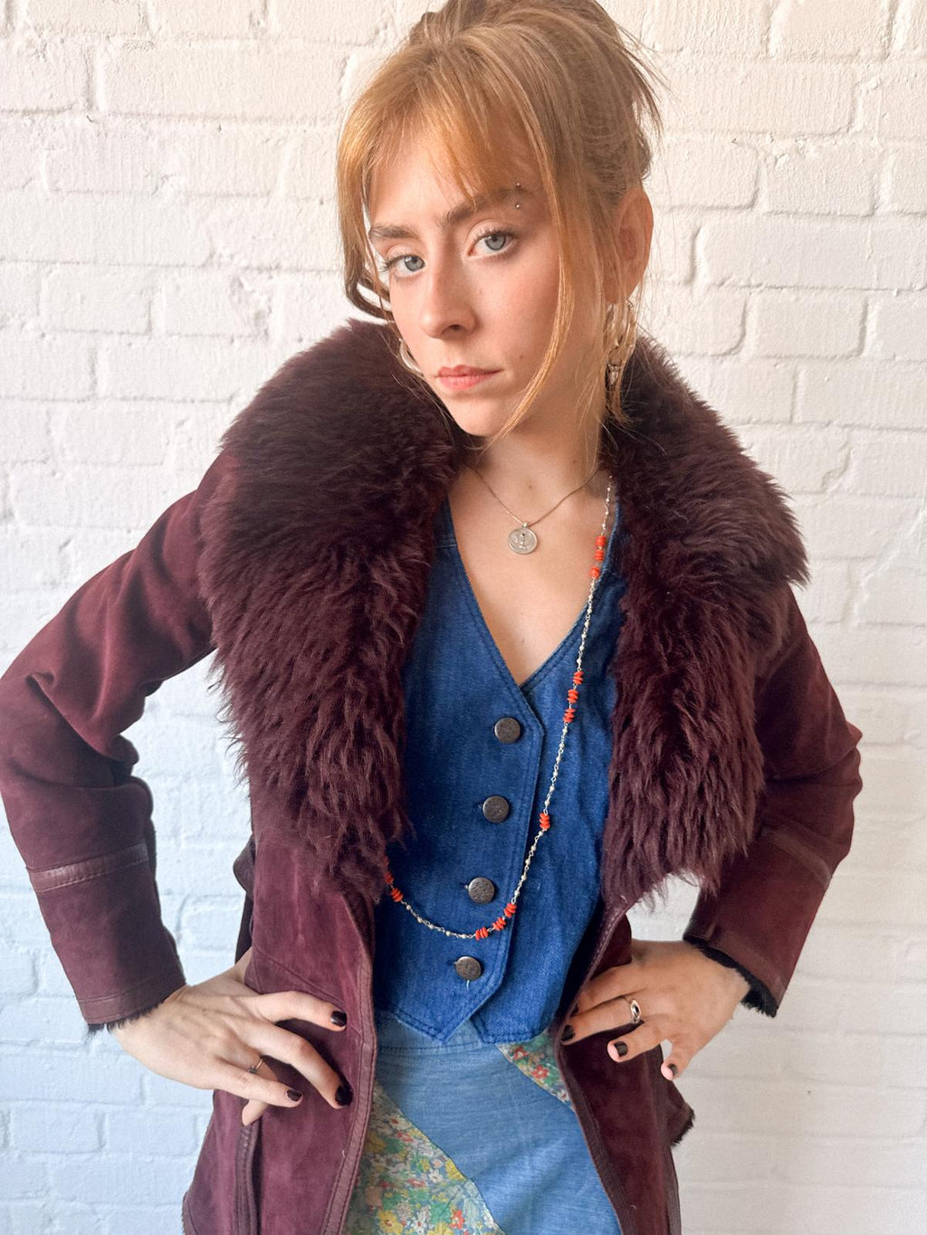 1970s Aubergine Suede & Shearling Coat with Oversized Fur Collar