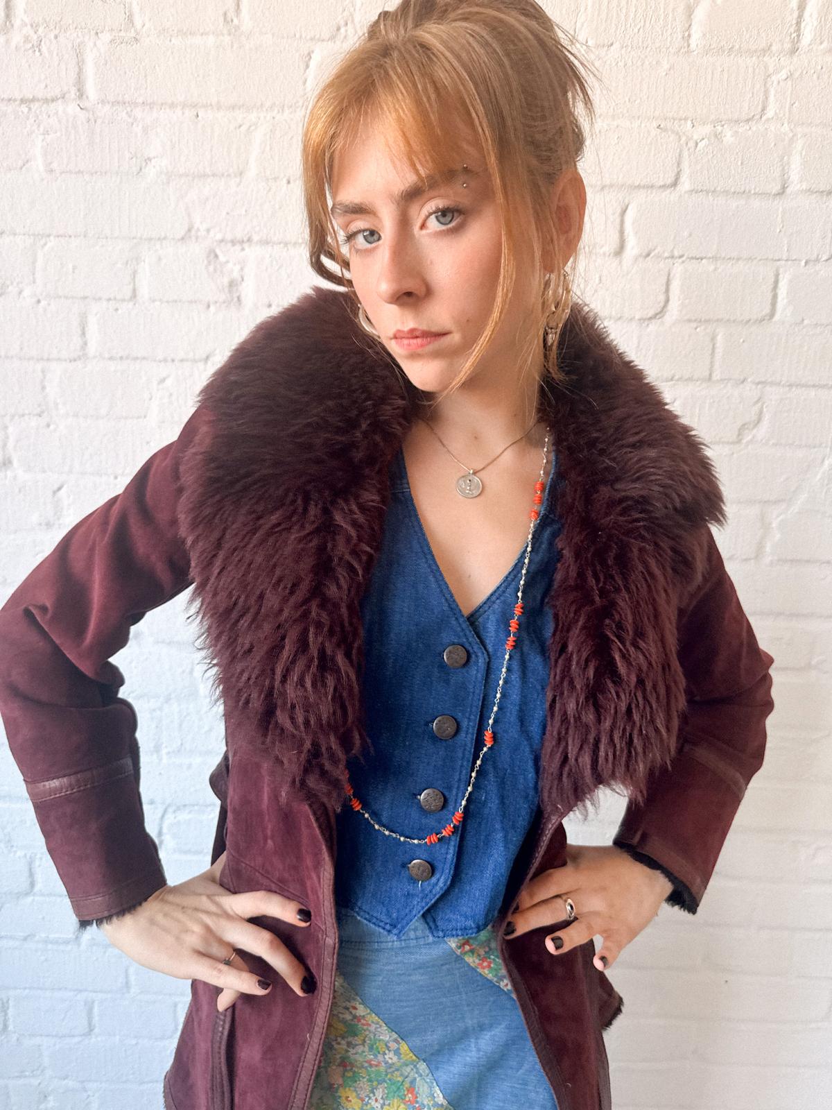1970s Aubergine Suede & Shearling Coat with Oversized Fur Collar