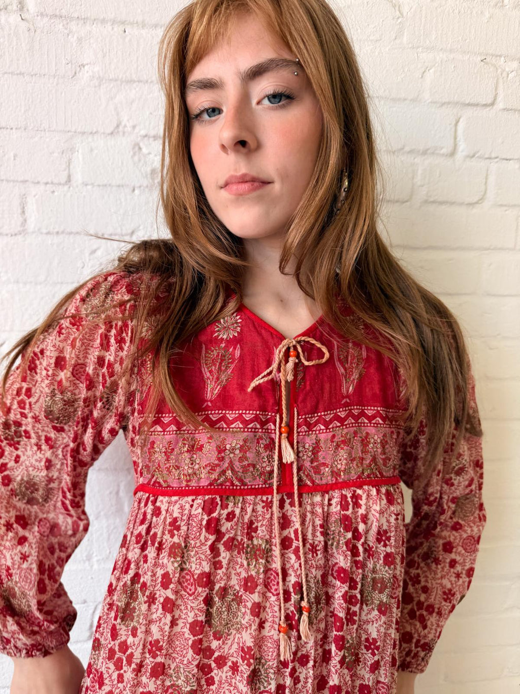1970s Indian Cotton Gauze Floral Maxi Dress with Gold Stamping