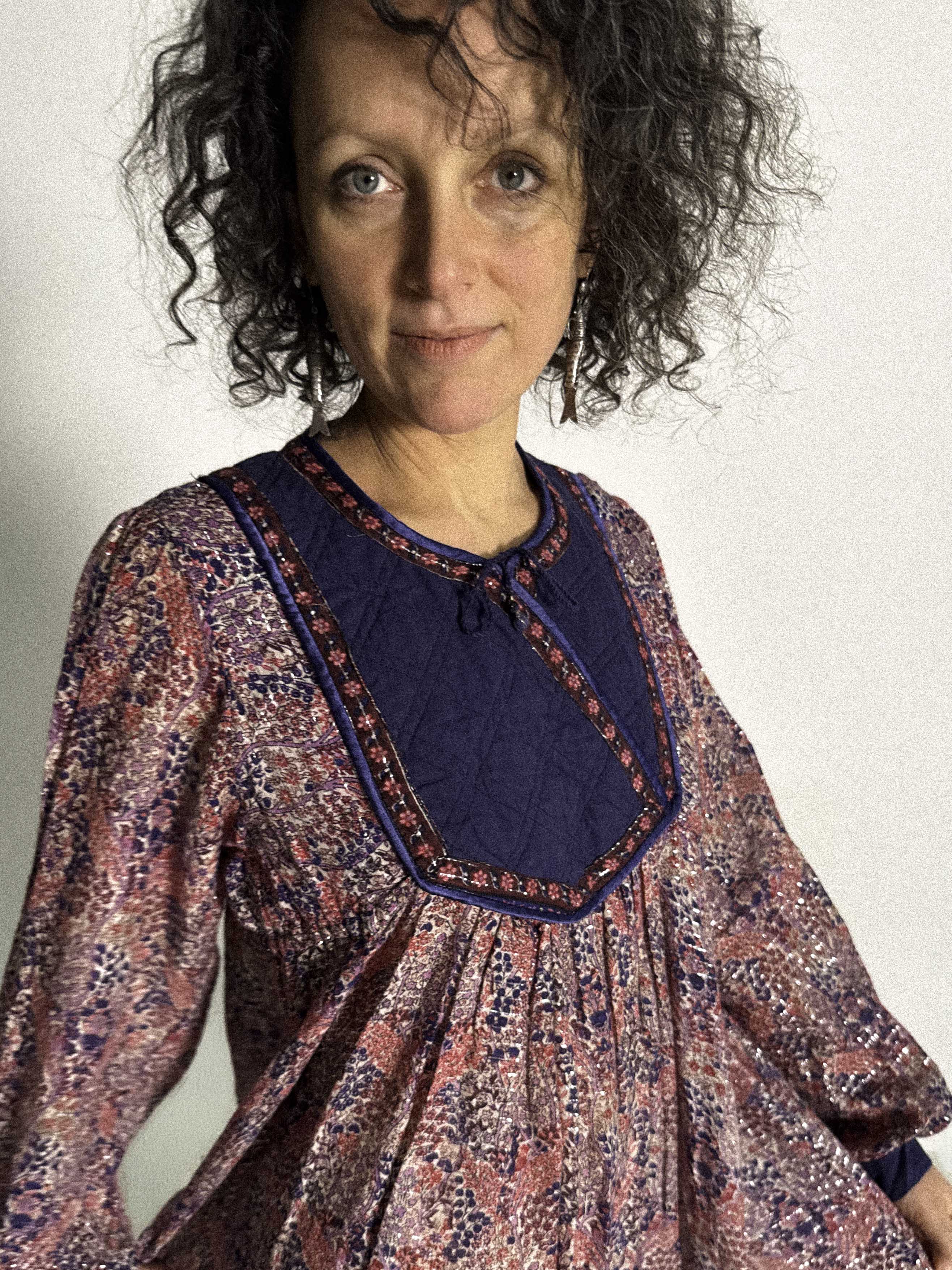 1970s Indian Cotzon Gauze Dress with Silver Lurex and Quilted Yoke