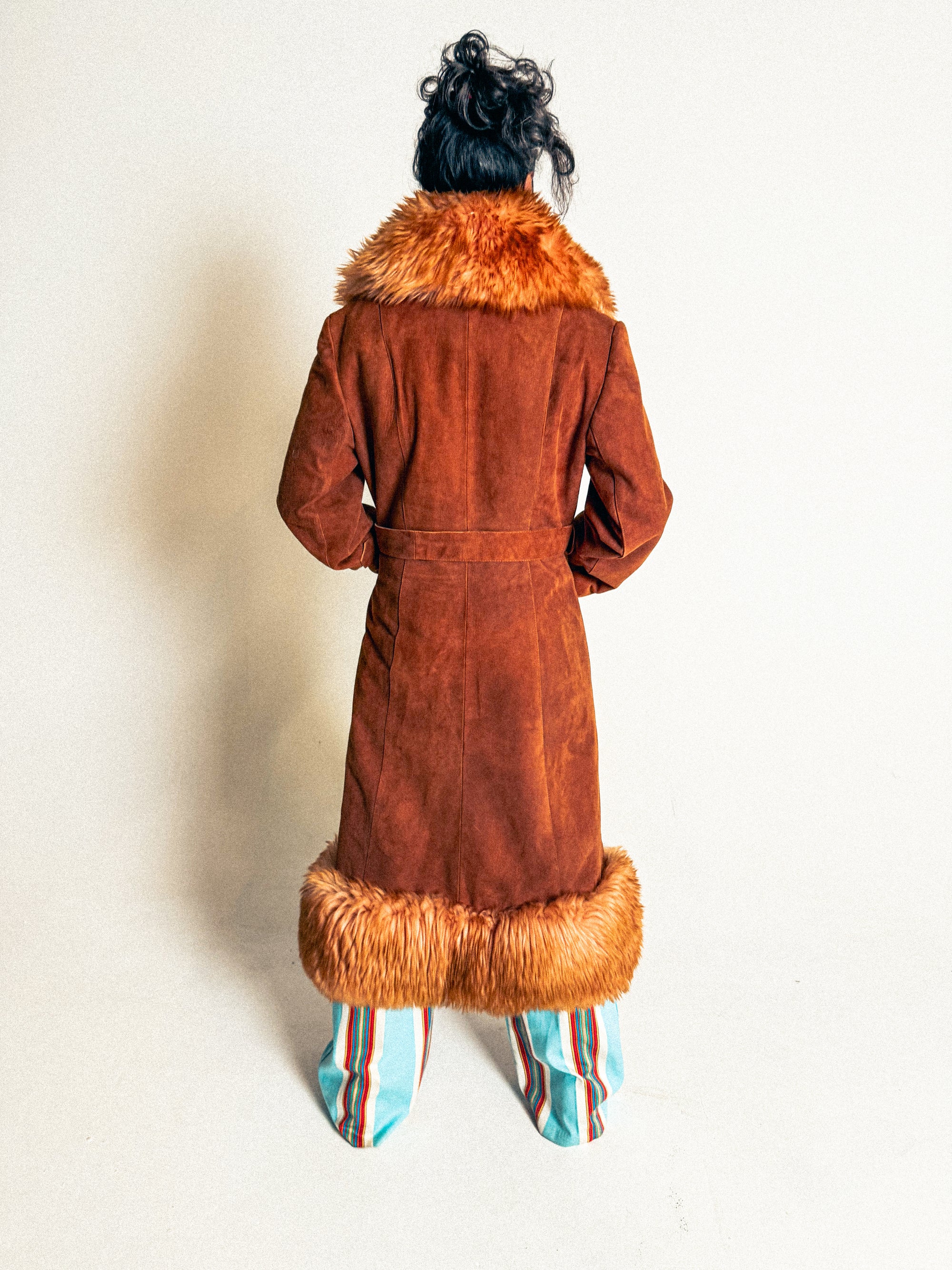1970s Rusty Tangerine Suede and Sheepskin Belted Long Coat