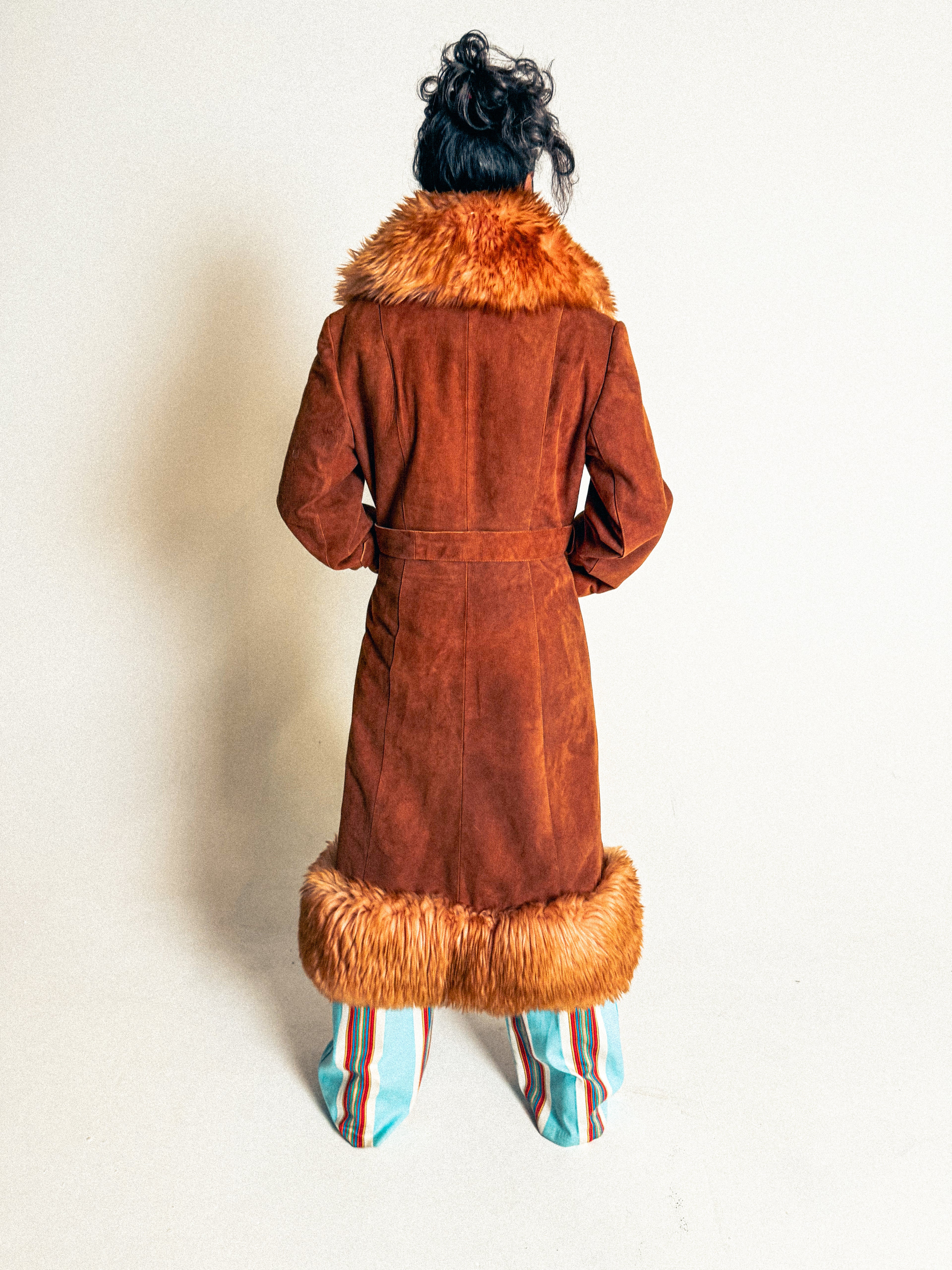 1970s Penny Lane Rusty Tangerine Suede and Sheepskin Belted Long Coat