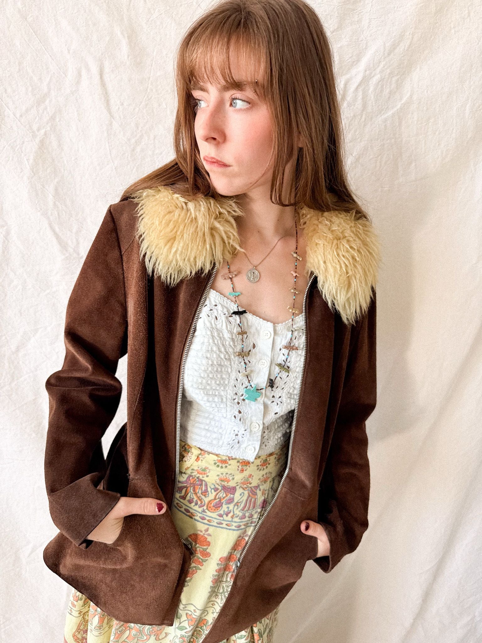 Vintage 1970s Brown Suede Penny Lane Jacket with Sheepskin Collar