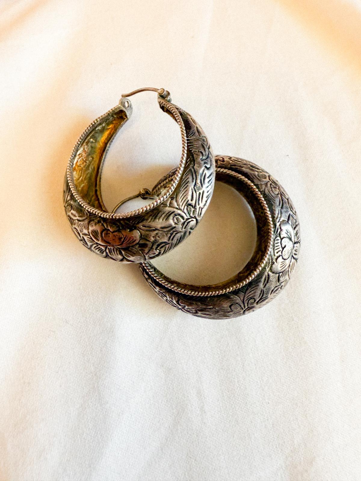 1970s Nepalese Silver Lotus Hoop Earrings