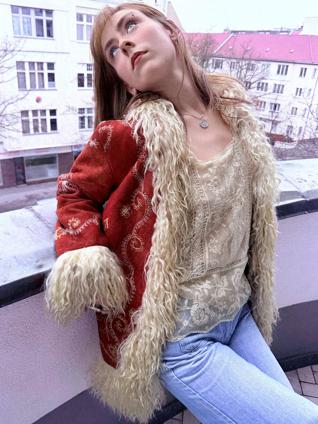 Rare 1960s Afghan Suede Lamb Shearling Penny Lane Coat – Tomato Red with Cream Trimmings