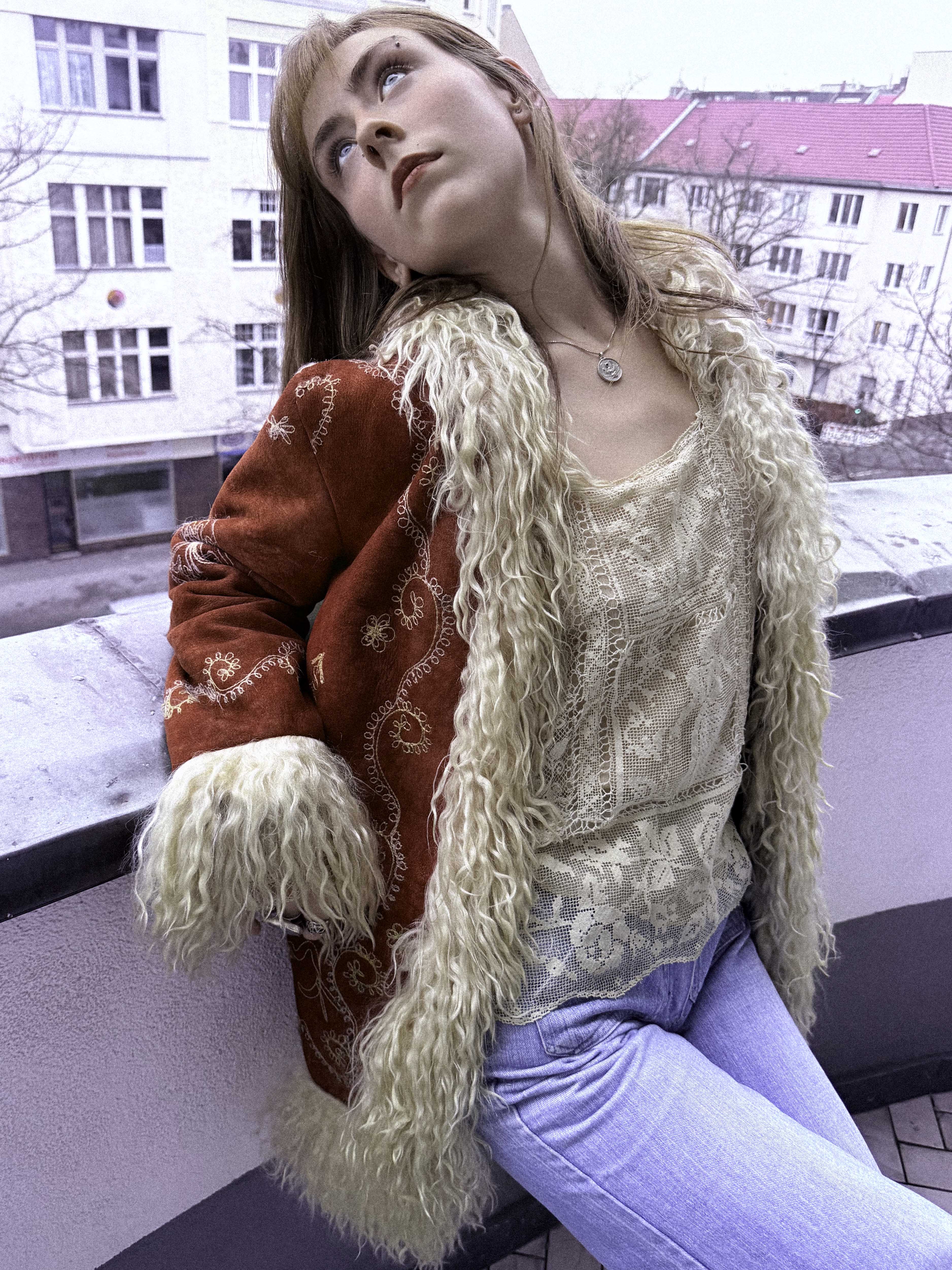 Rare 1960s Afghan Suede Lamb Shearling Penny Lane Coat – Tomato Red with Cream Trimmings