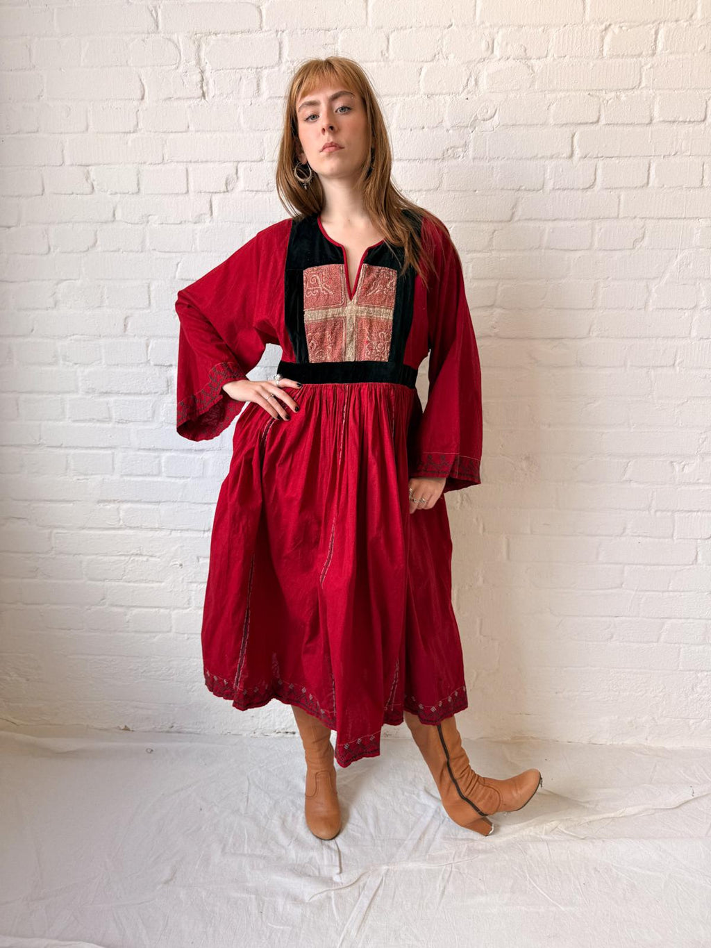 1970s Afghan Red Cotton Dress with Embroidered Yoke & Black Velvet