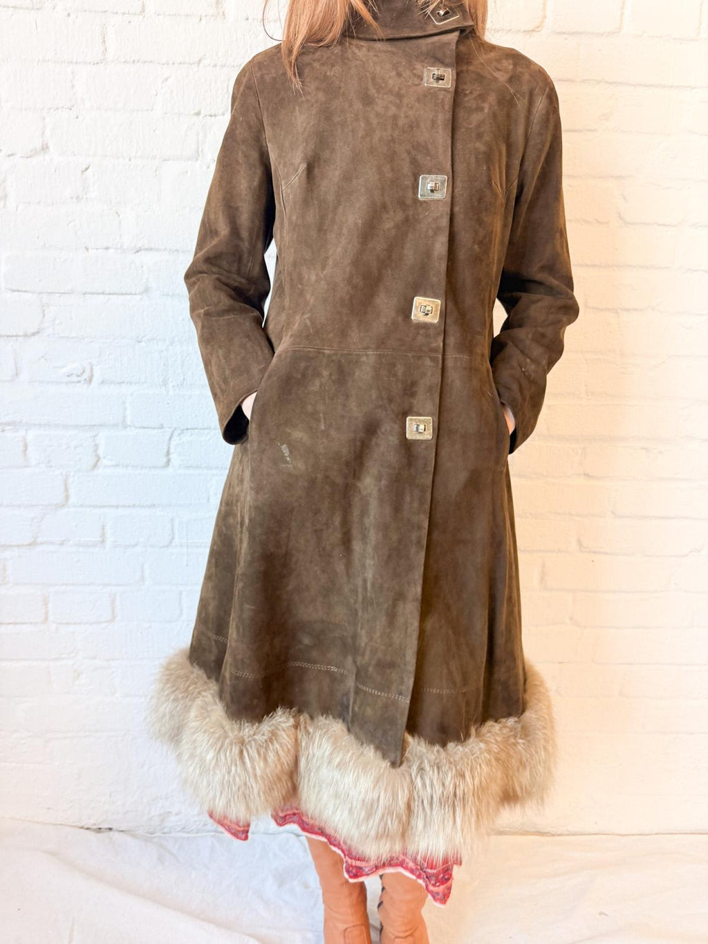 1970s Brown Suede Penny Lane Princess Coat with Statement Metal Fastenings