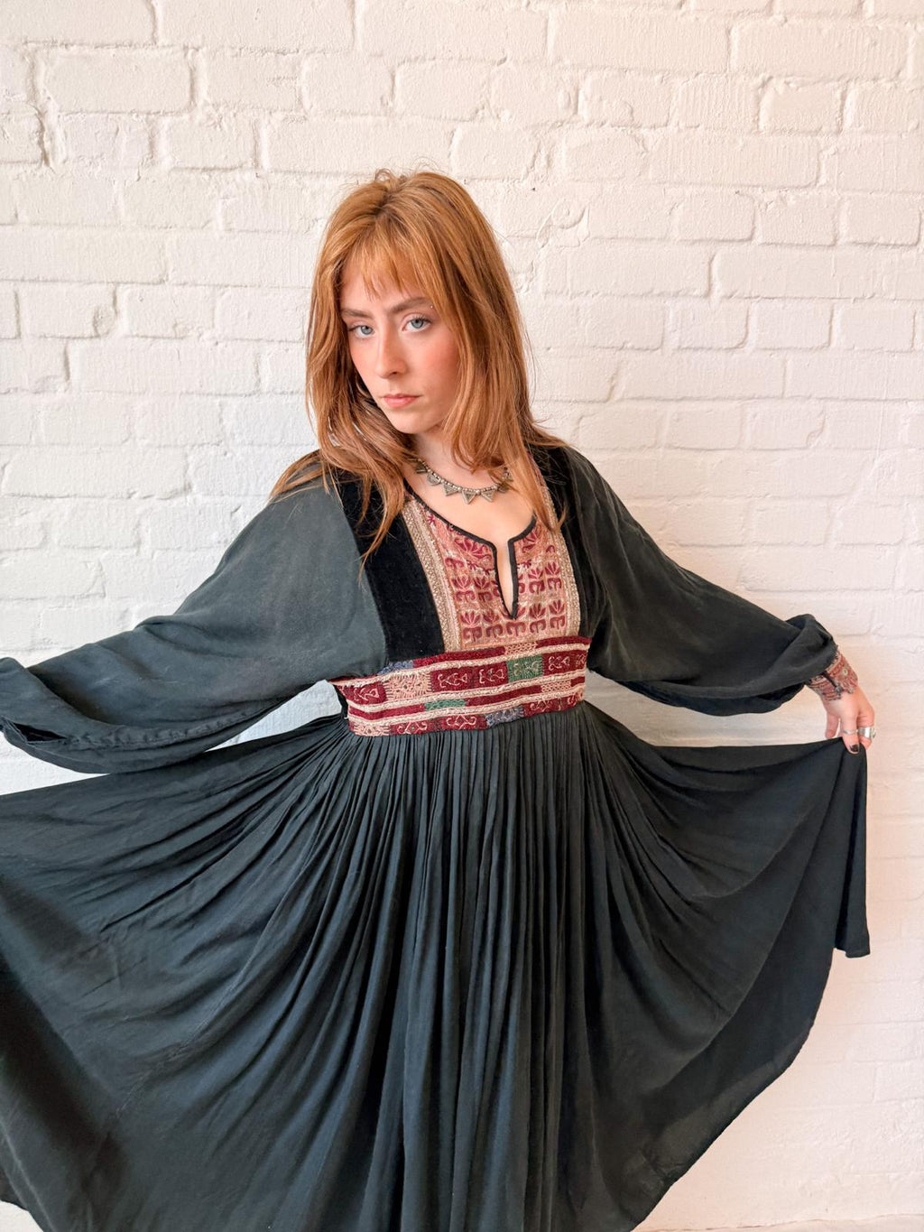 1970s Black Afghan Viscose Dress with Embroidered Velvet Yoke