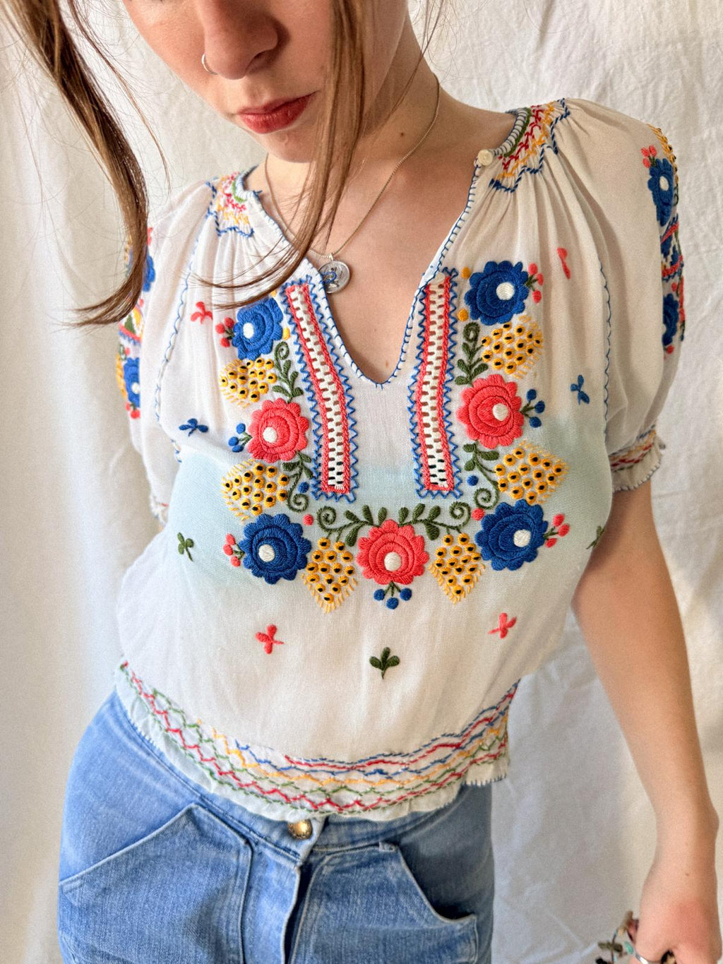 1930s–1940s Hand Embroidered Sheer Folk Blouse
