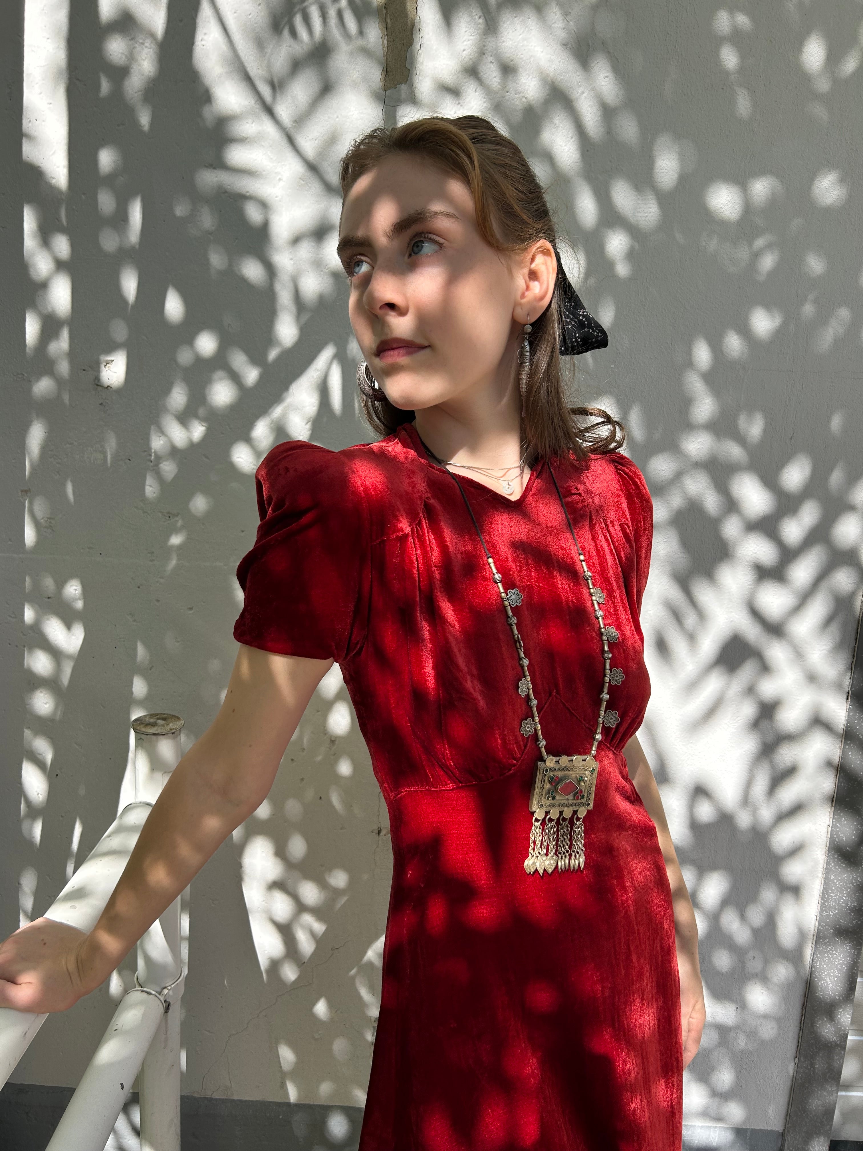 Crimson Silk velvet late 1930s / early 40s Button-Up Dress
