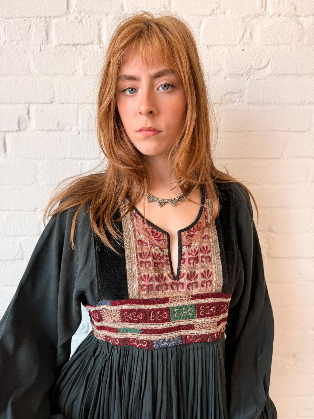 1970s Black Afghan Viscose Dress with Embroidered Velvet Yoke