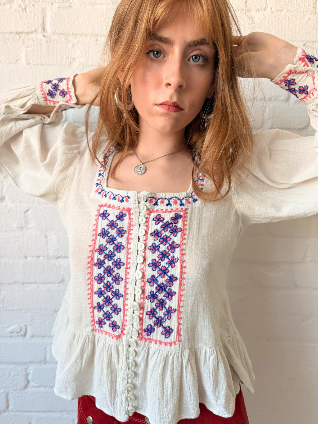 1960s–70s Embroidered Cotton Cheesecloth Peplum Blouse