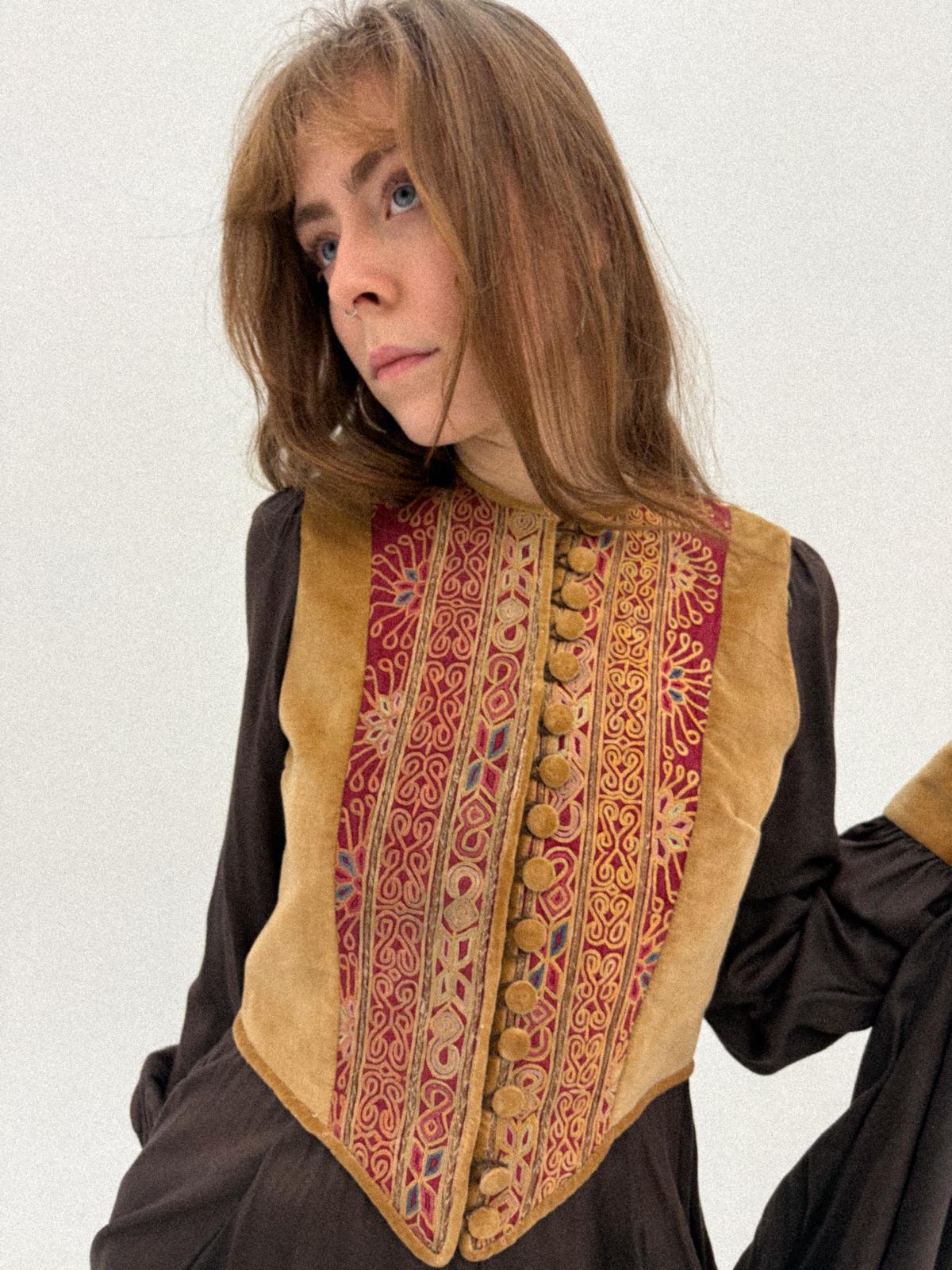 1960s–1970s Bohemian Folkloric Dress with Afghan-Inspired Embroidered Velvet Bodice