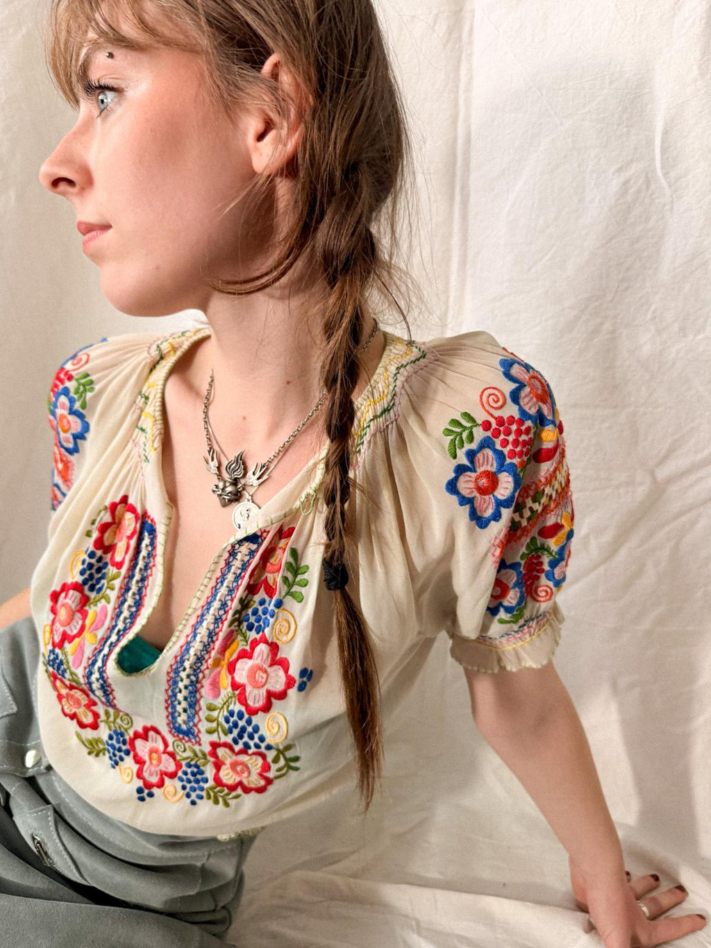 1930s–1940s Hand Embroidered Sheer Folk Blouse