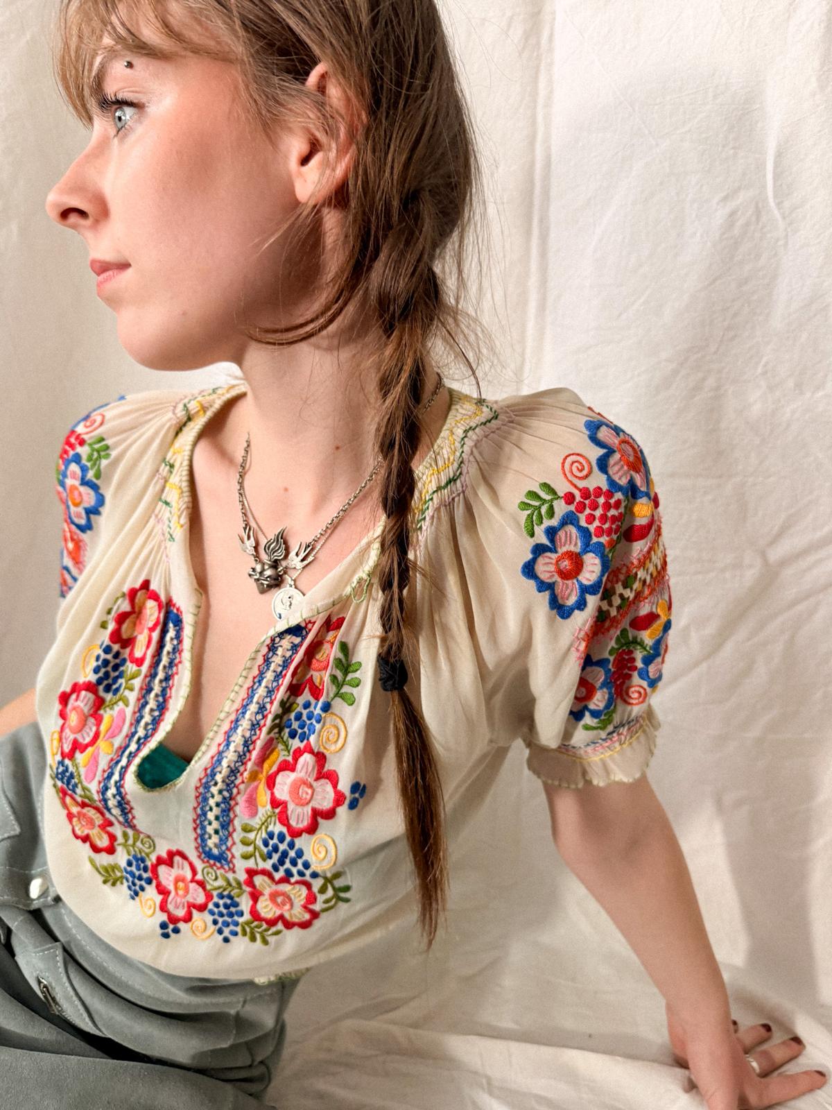 1930s–1940s Hand Embroidered Sheer Folk Blouse