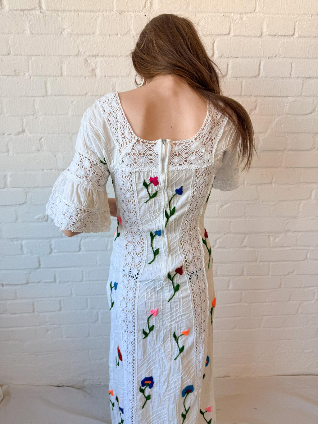 1970s Mexican-Style Embroidered Cotton & Crochet Maxi Dress