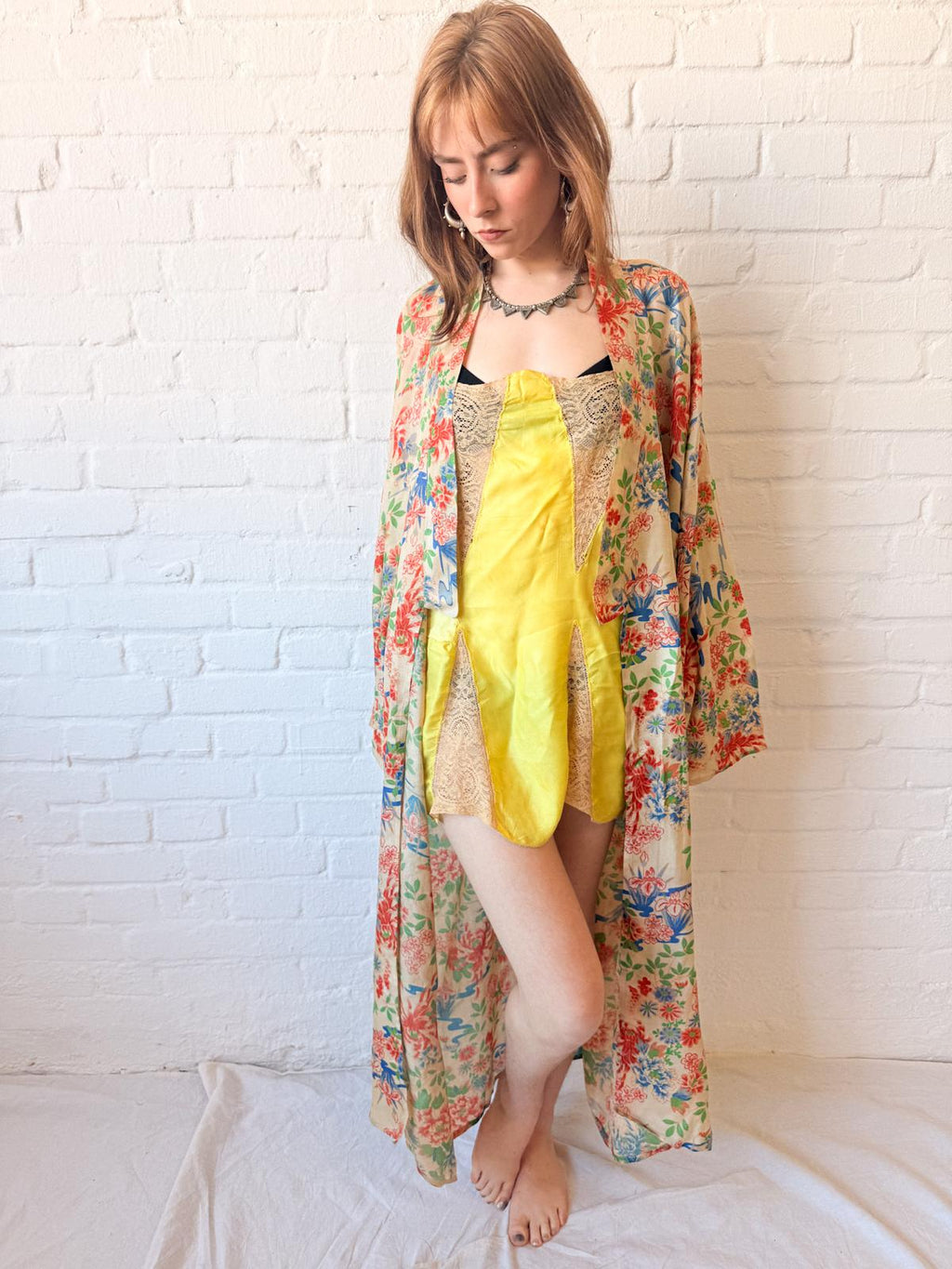 1920s Silk Pongee Kimono Robe – Full-Length Floral Tissue Silk