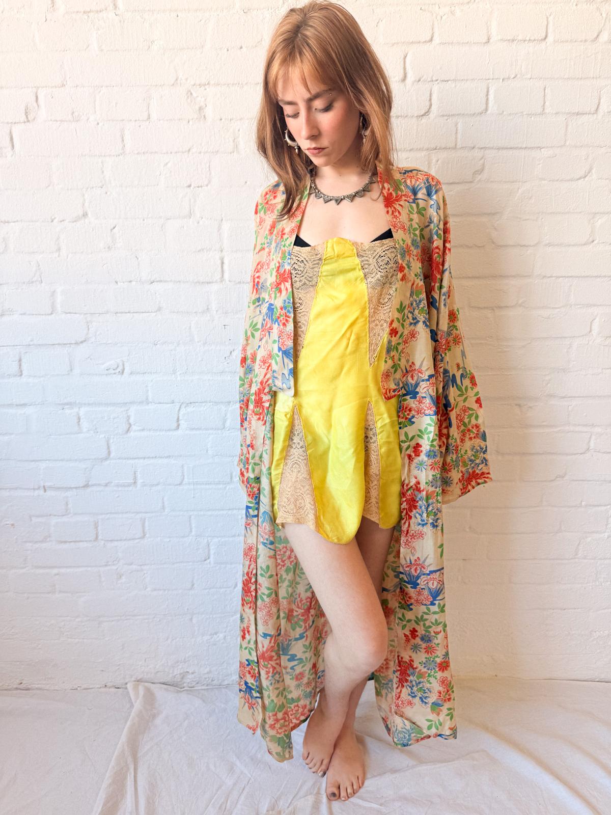 1920s Silk Pongee Kimono Robe – Full-Length Floral Tissue Silk