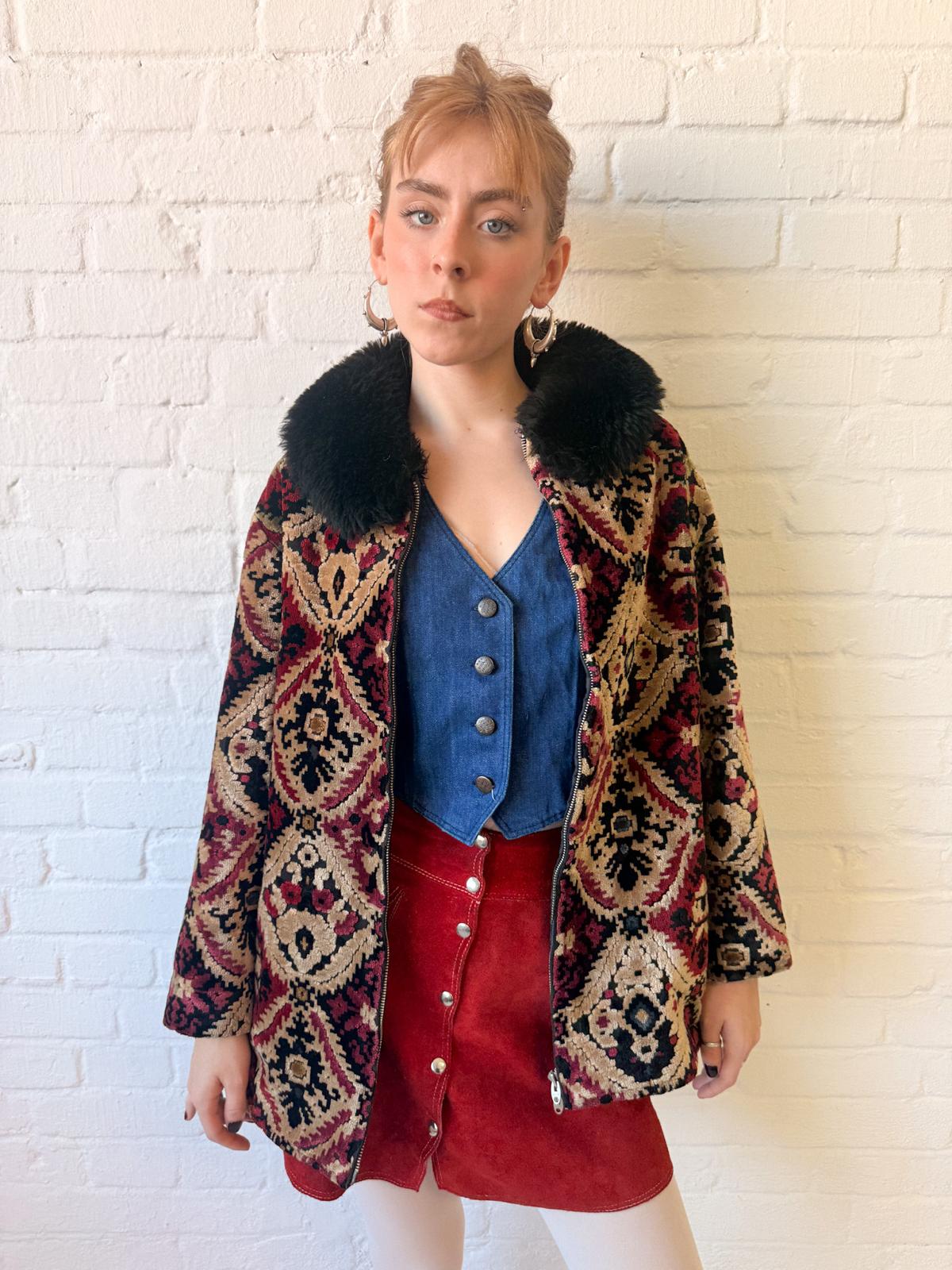 1960s Tapestry Chenille Ski Jacket with Faux Fur Collar