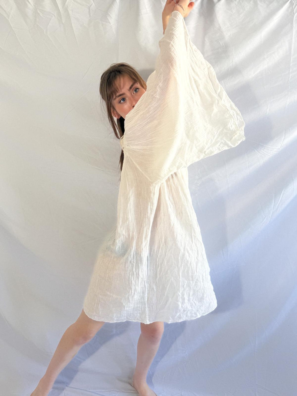 1970s Cotton Gauze Tunic with Butterfly Crochet Neckline