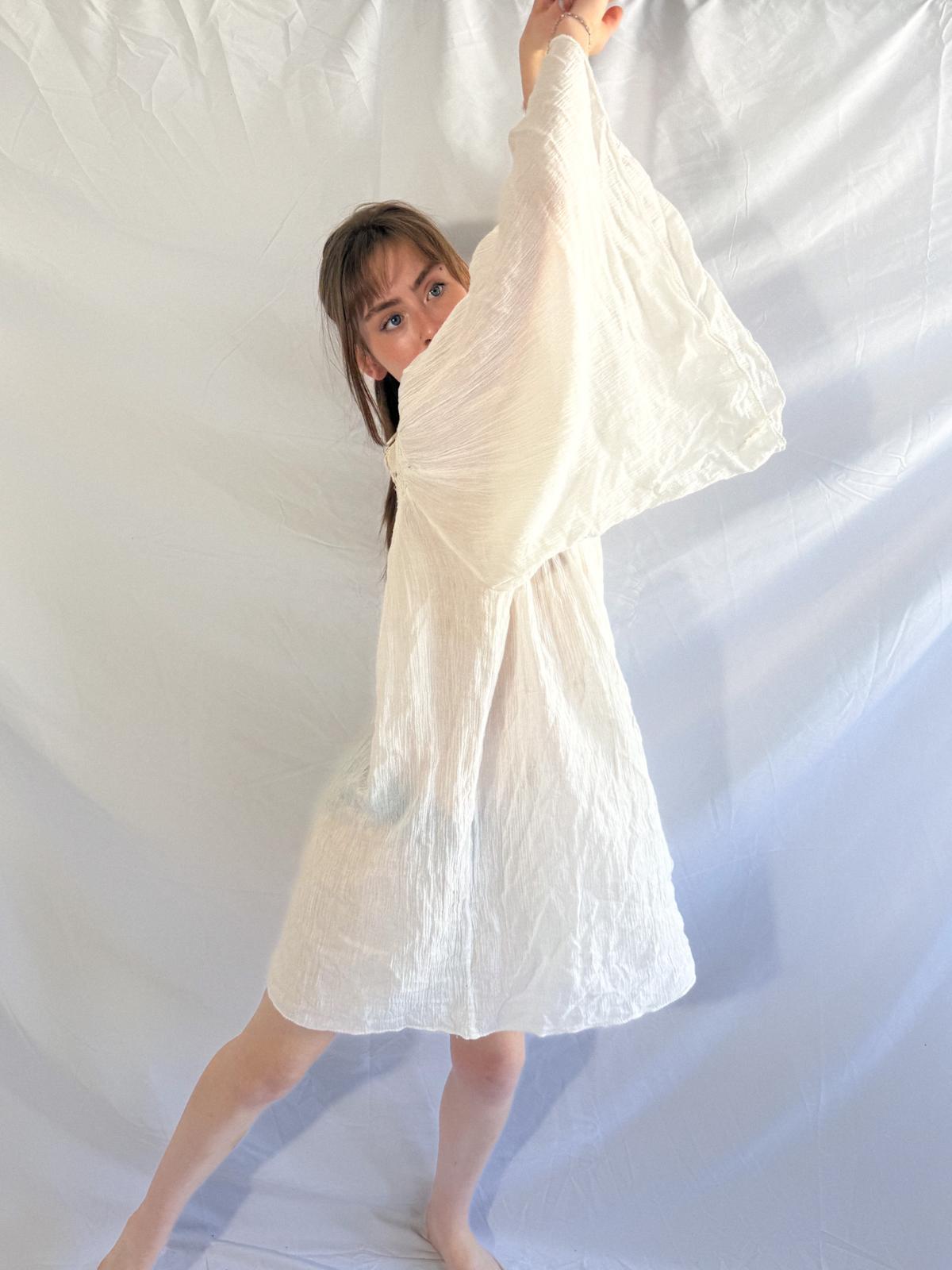 1970s Cotton Gauze Tunic with Butterfly Crochet Neckline