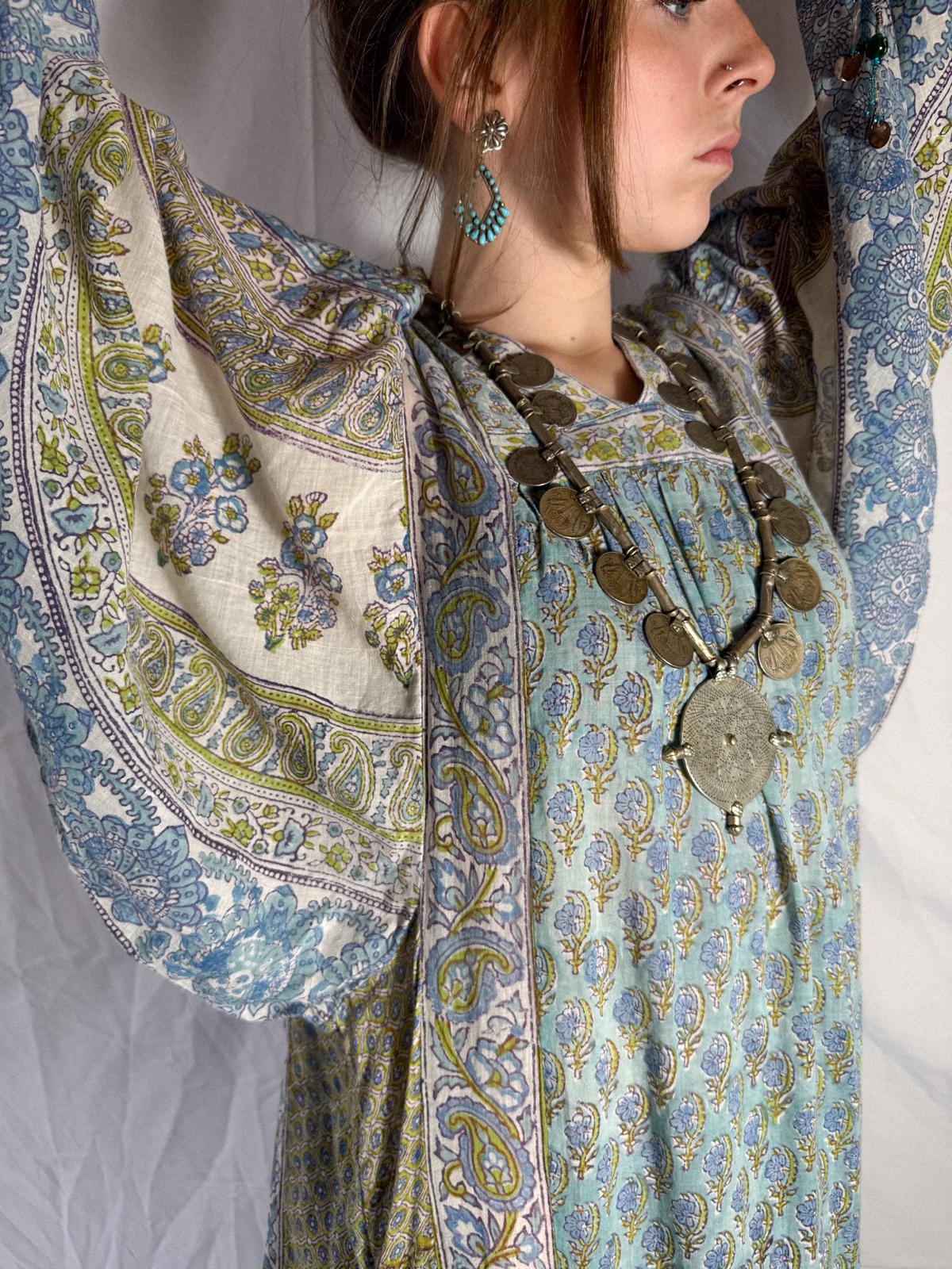1970s Cotton Gauze Maxi Dress with Extravagant Sleeves