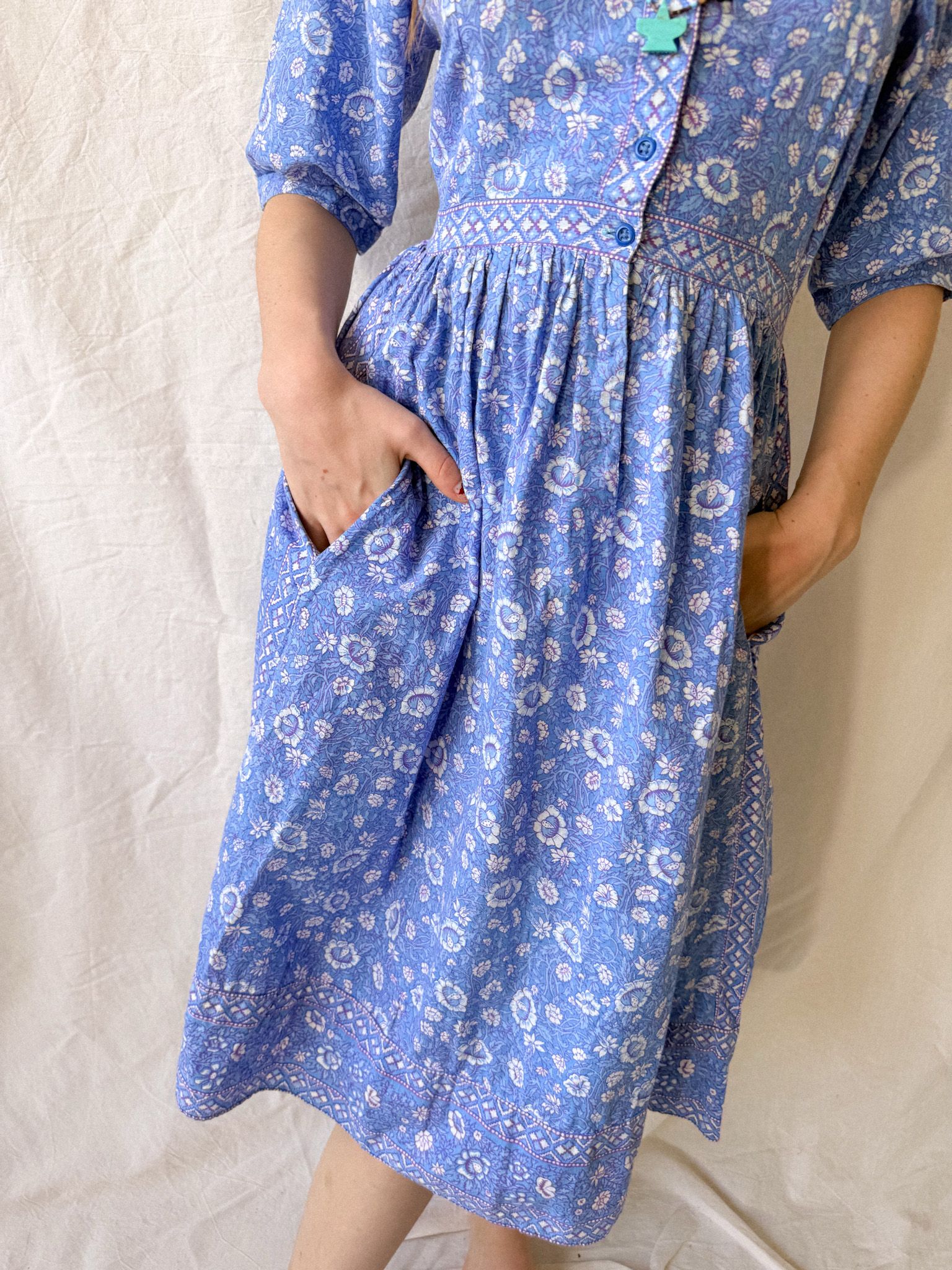 1970s Ritu Kumar for Rosafi Indian Blockprint Cotton Prairie Summer Dress