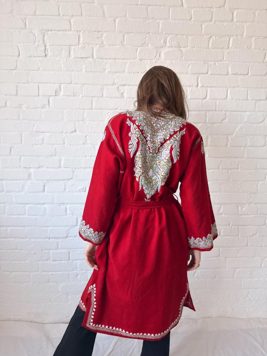 1920s–30s Kashmiri Embroidered Red Pashmina Wool Duster Coat