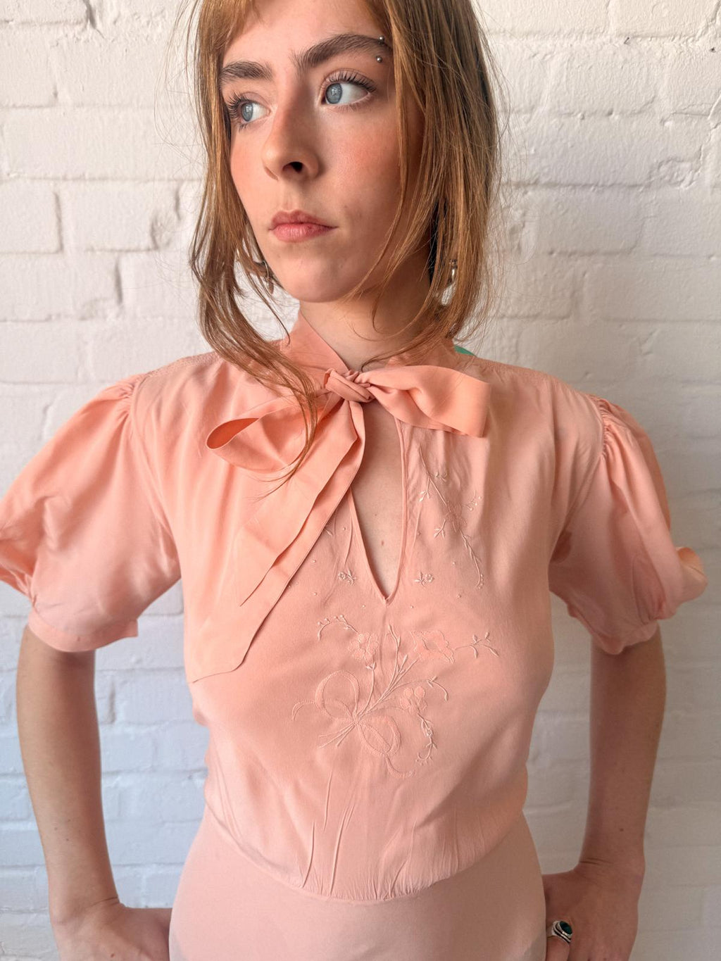 1930s Salmon Pink Silk Bias Cut Maxi Nightgown with Pussy Bow & Embroidery
