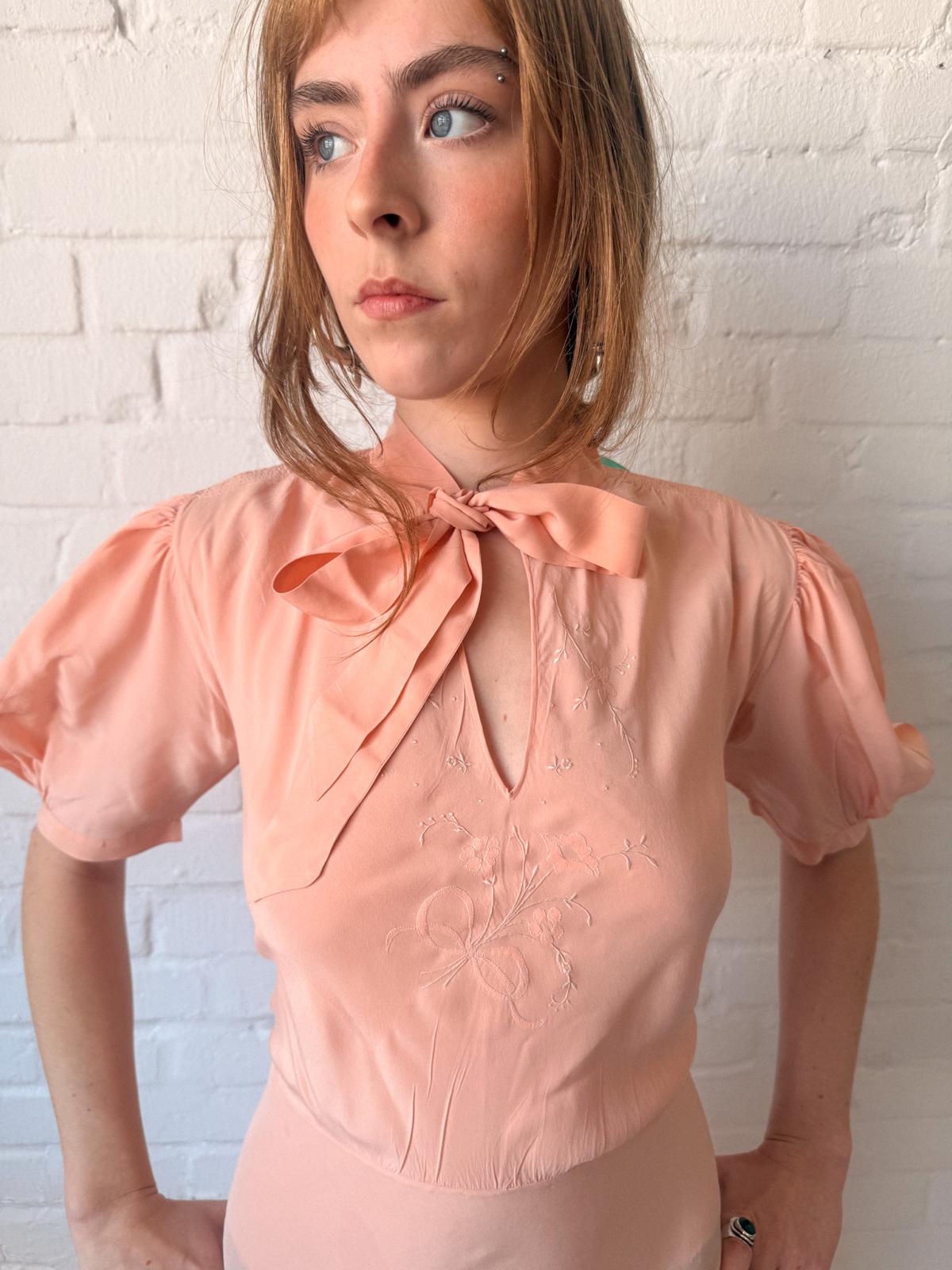 1930s Salmon Pink Silk Bias Cut Maxi Nightgown with Pussy Bow & Embroidery