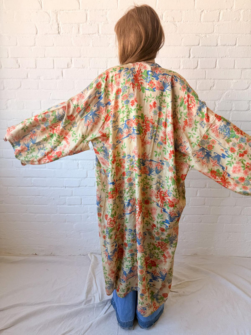 1920s Silk Pongee Kimono Robe – Full-Length Floral Tissue Silk