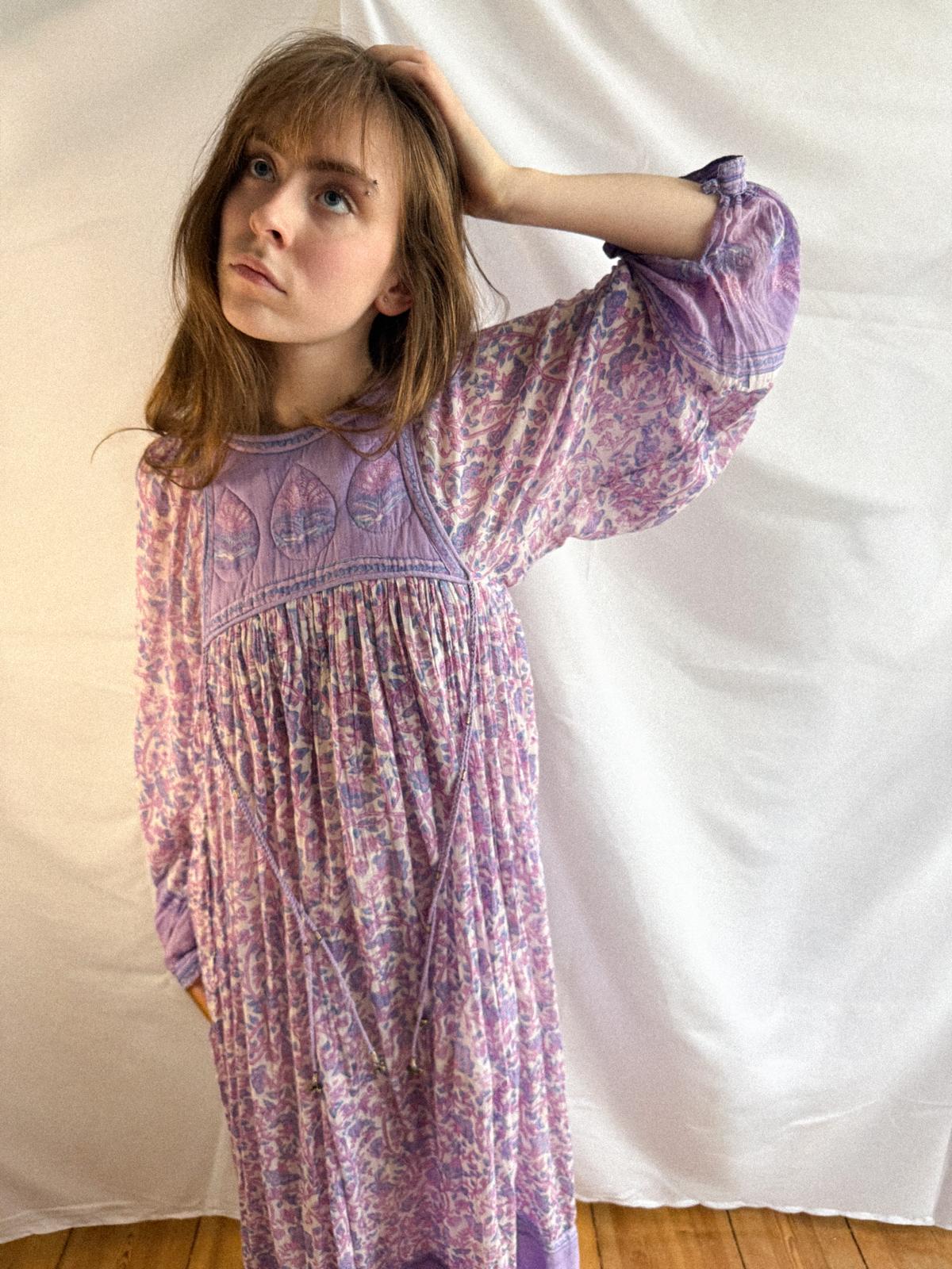 1970s Lavender Indian Cotton Gauze Dress with Quilted Yoke