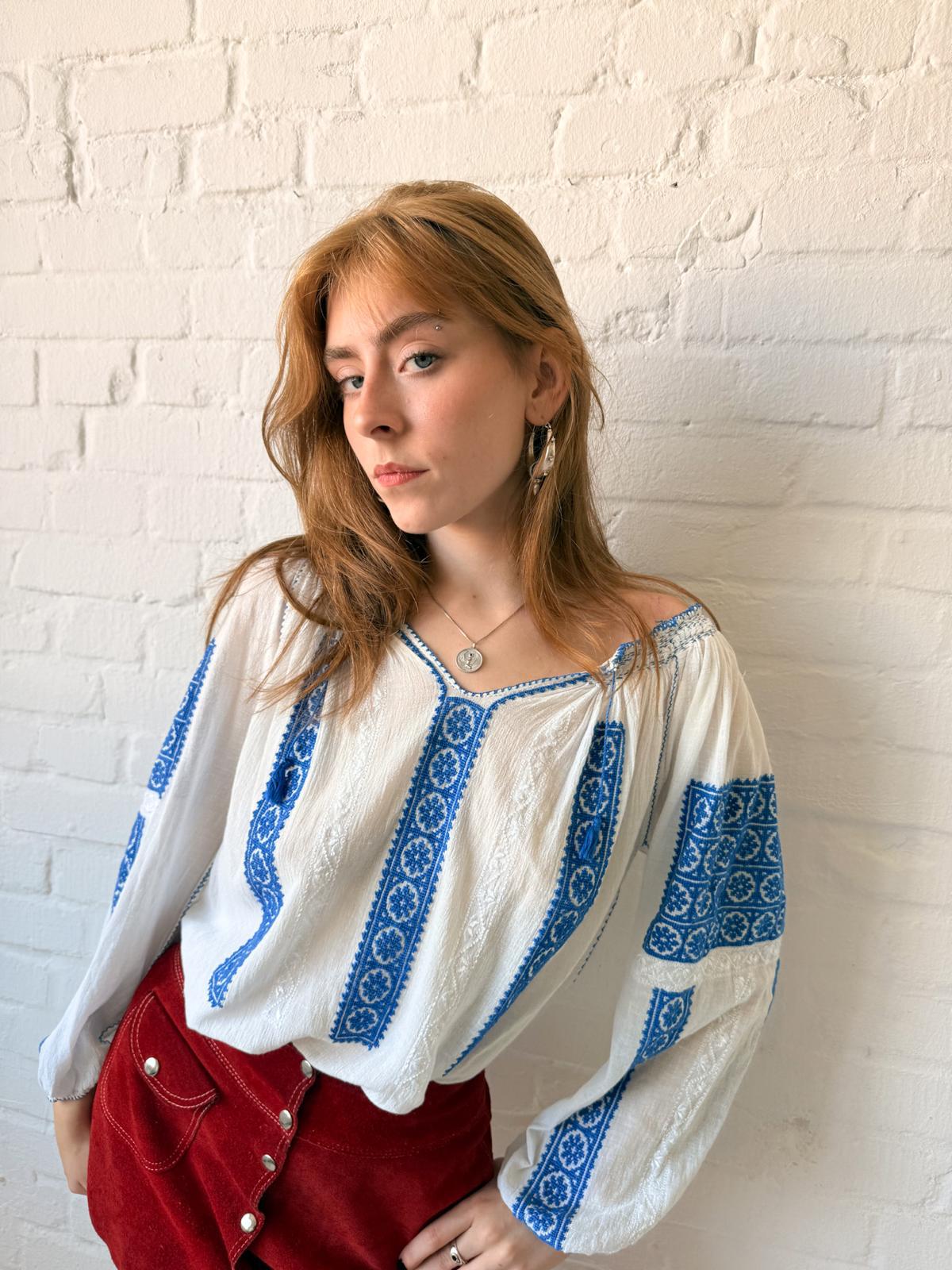 1960s–70s Eastern European Embroidered Cotton Folk Blouse