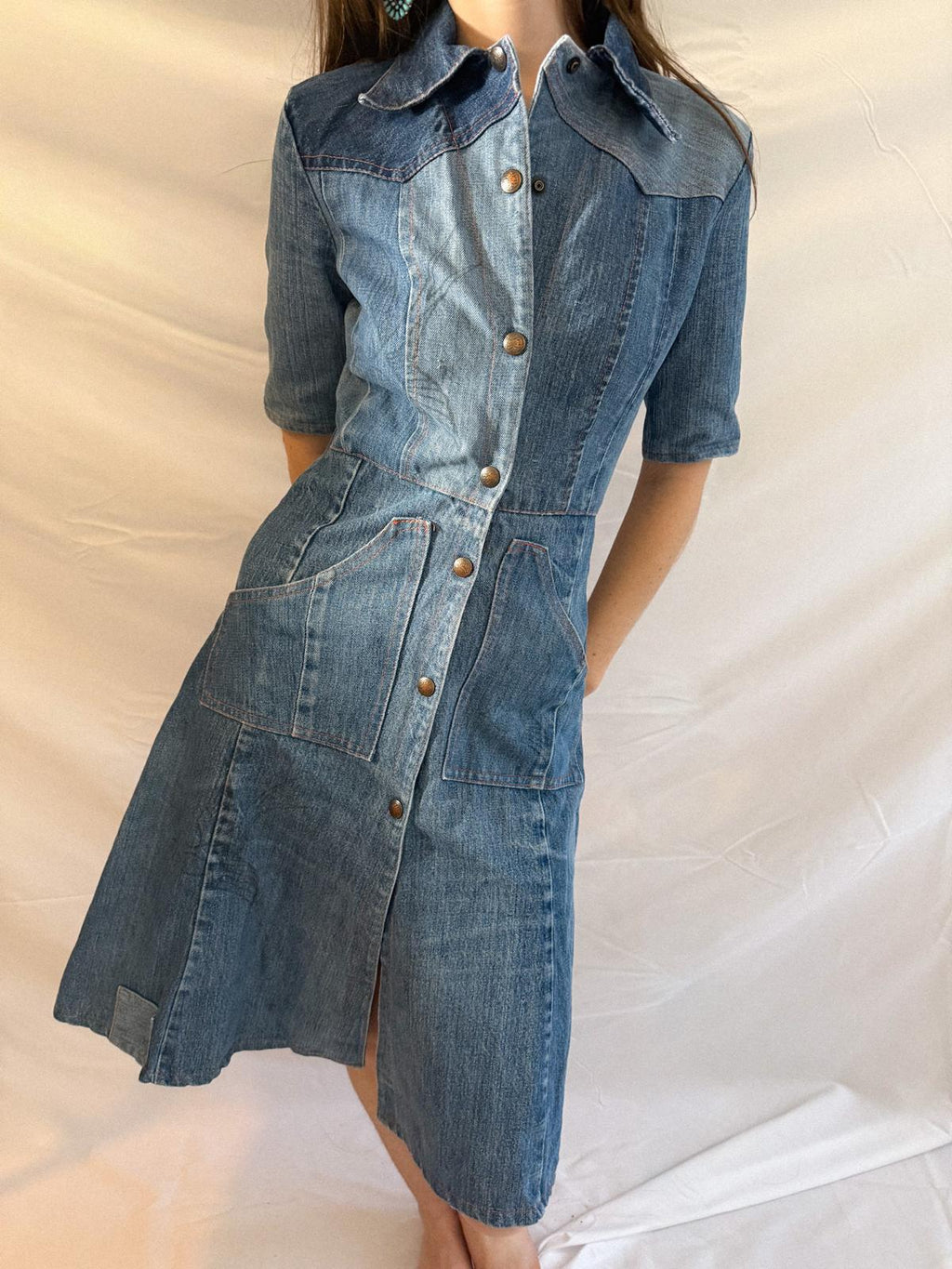 1970s Denim Dress in Heavy Cotton with Western Paneling and Swallow Motif