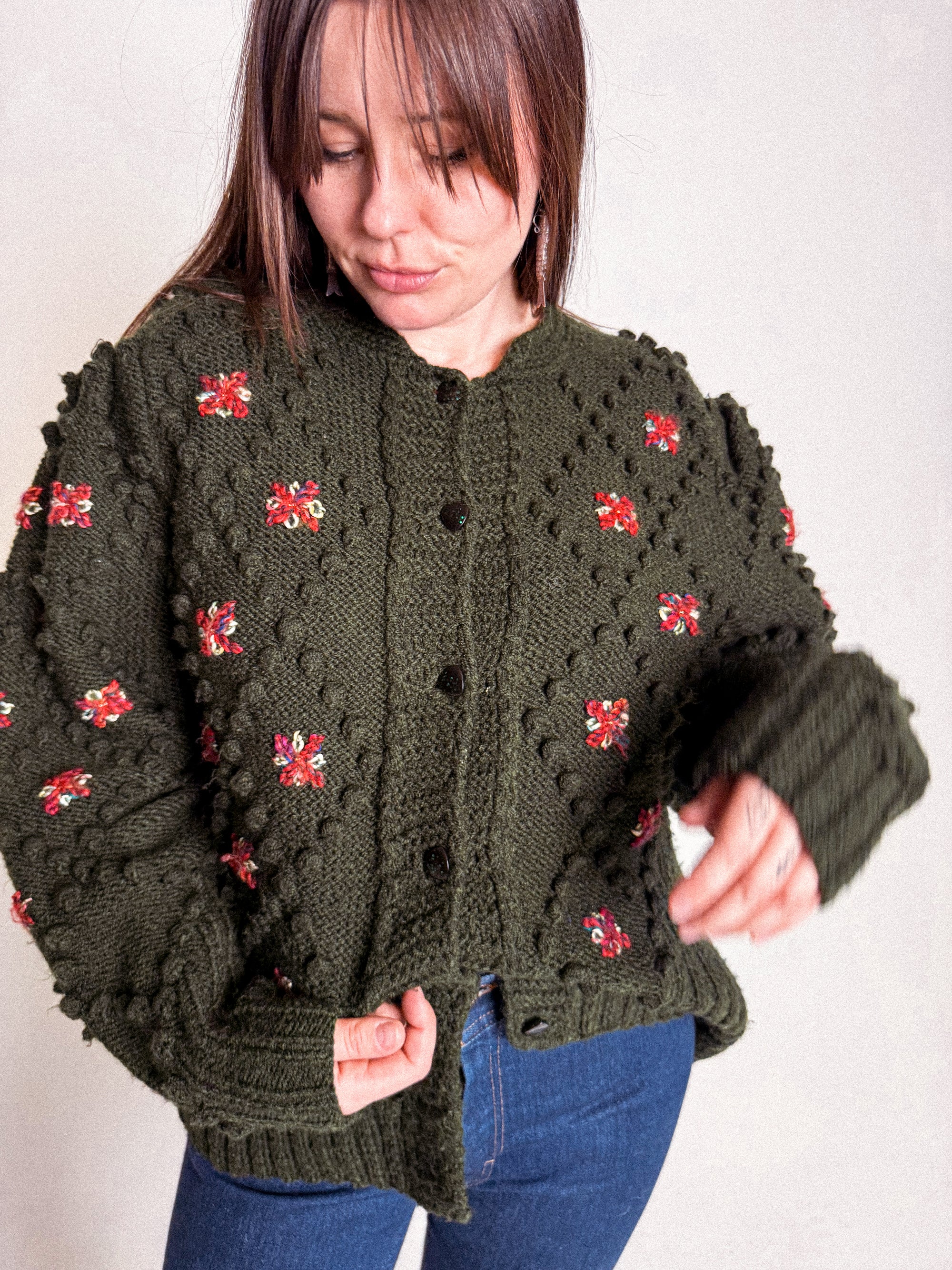 70s-80s Wool Handknit Popcorn and Flowers Cardigan with Glitter Buttons