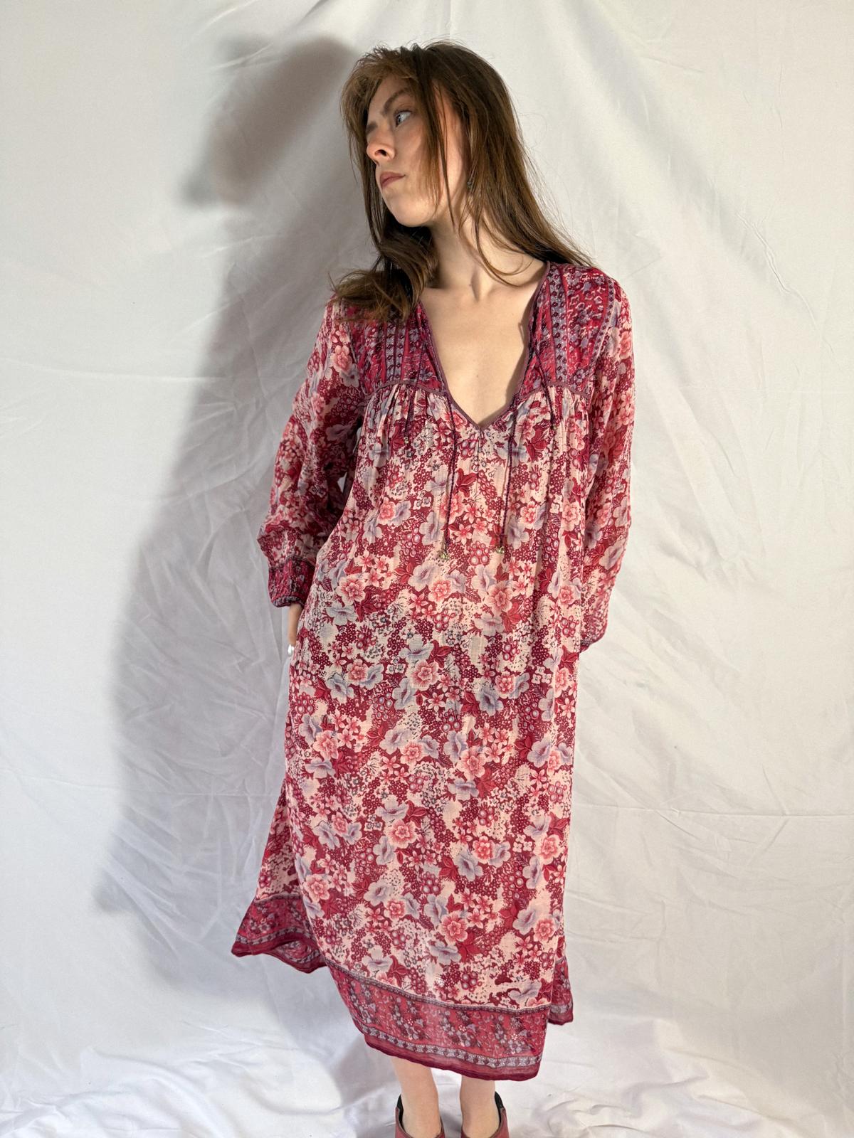 1970s Raspberry Blossom Cotton Gauze Dress