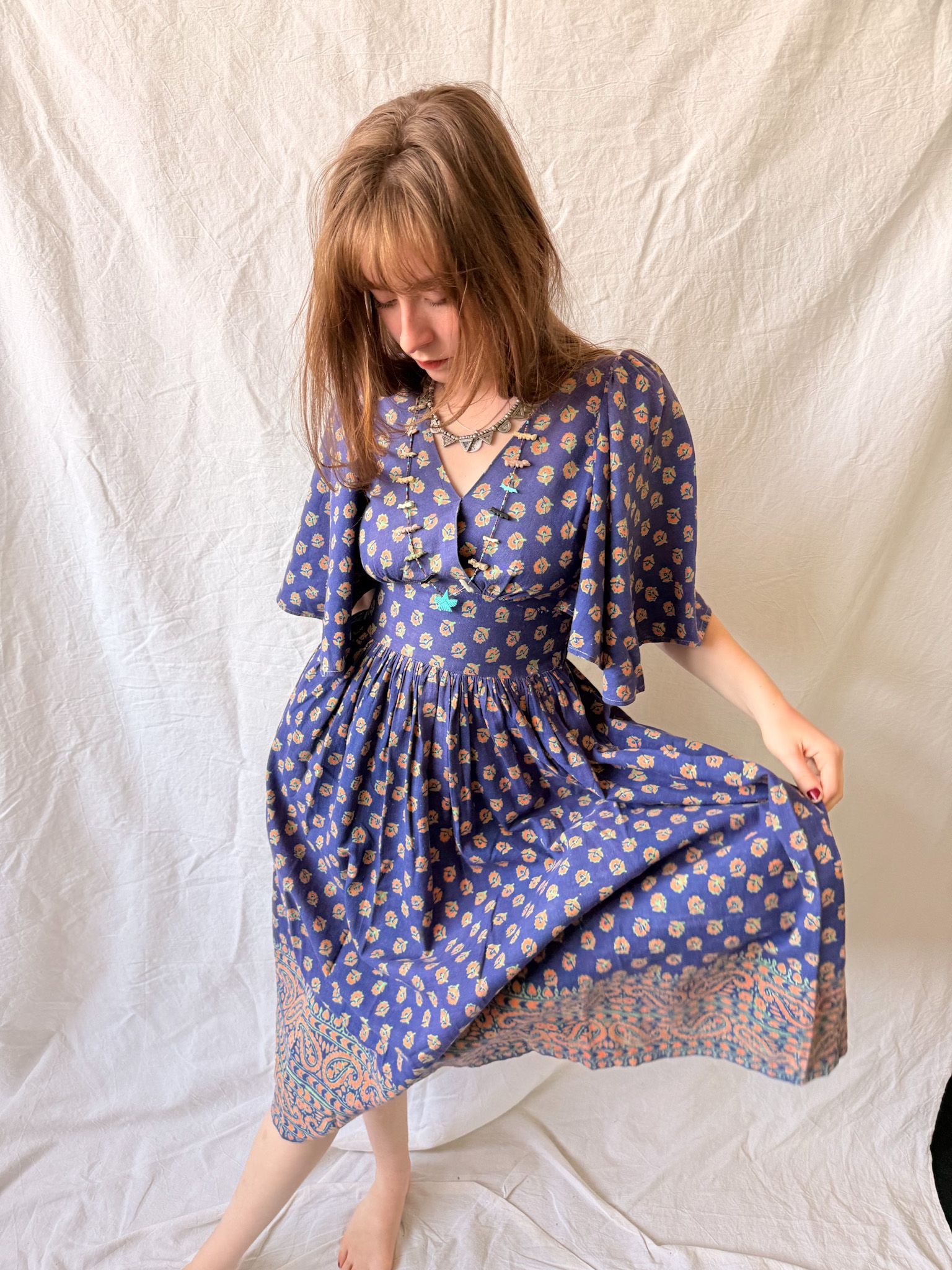 1970s West German Cotton Block Print Angel Sleeve Dress