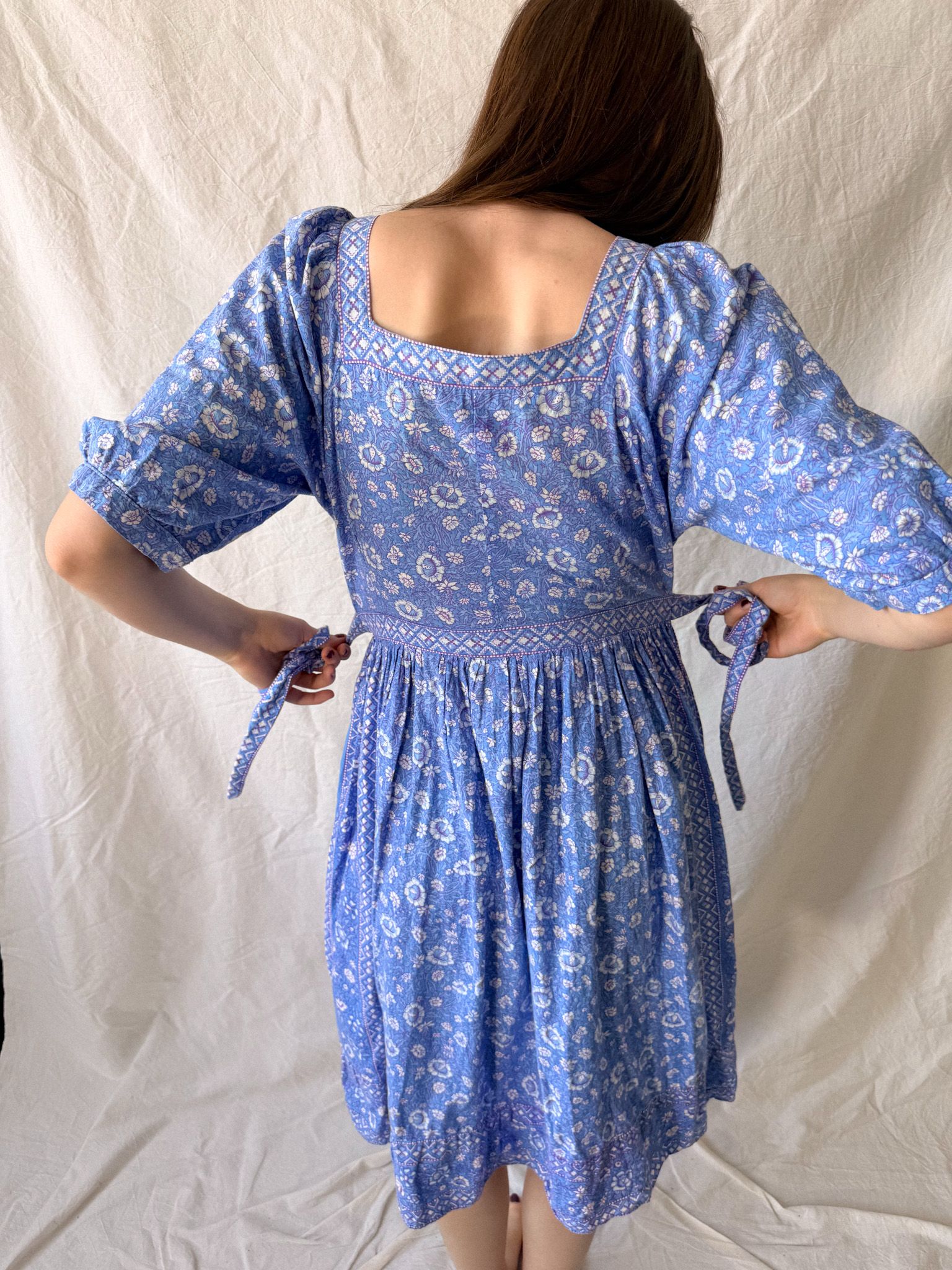 1970s Ritu Kumar for Rosafi Indian Blockprint Cotton Prairie Summer Dress