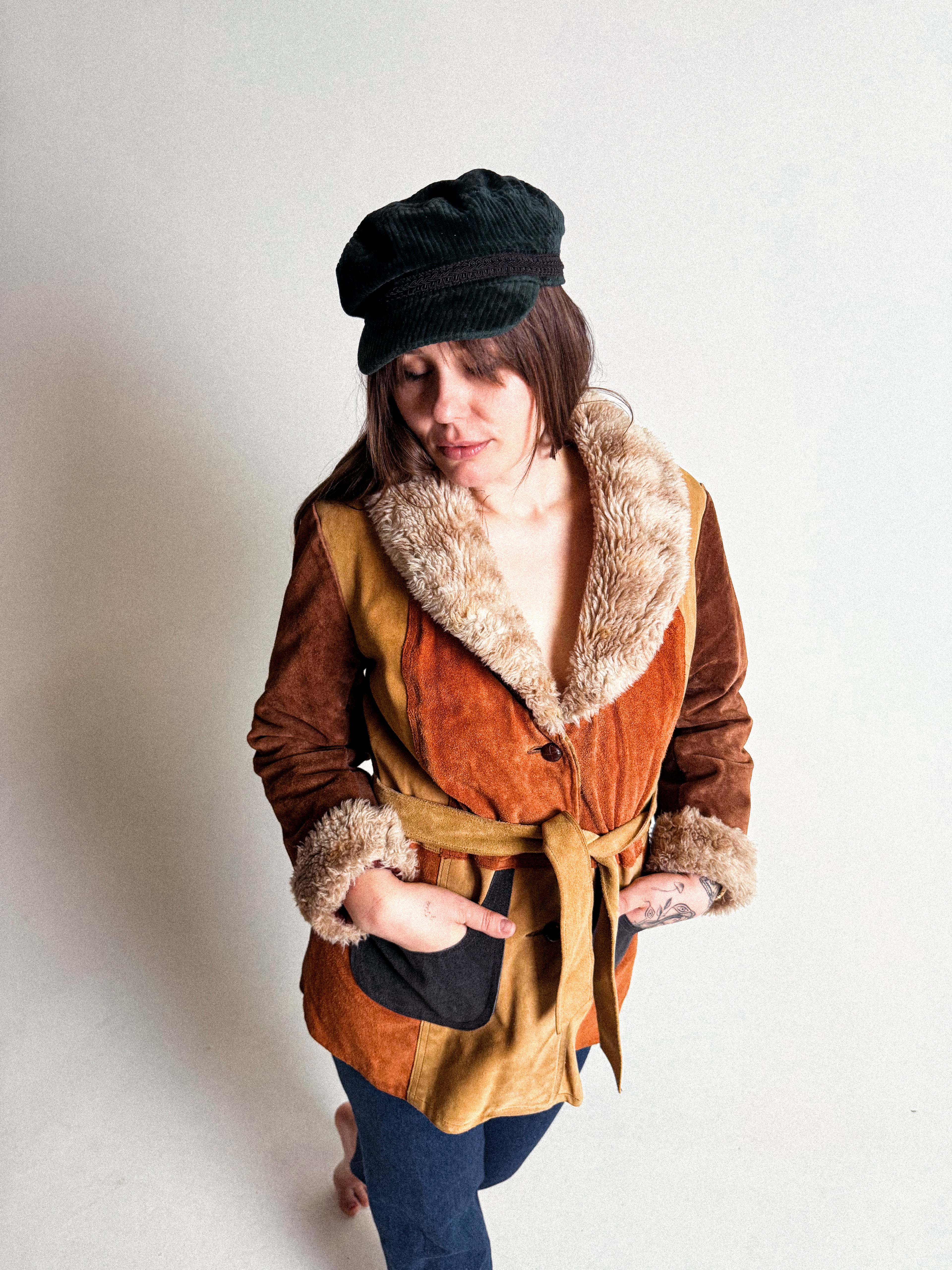 1970s Penny Lane Colourblock Suede and Fake-Fur Belted Jacket