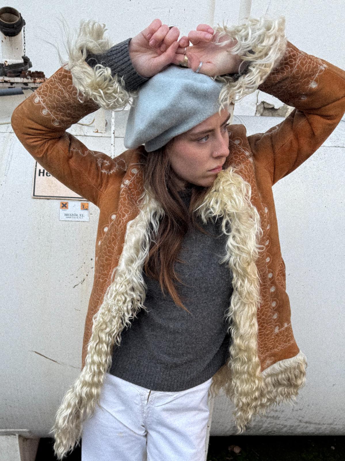 Rare 1960s/70s Afghan Penny Lane Sheepskin Hippie Coat with Floral Embroidery