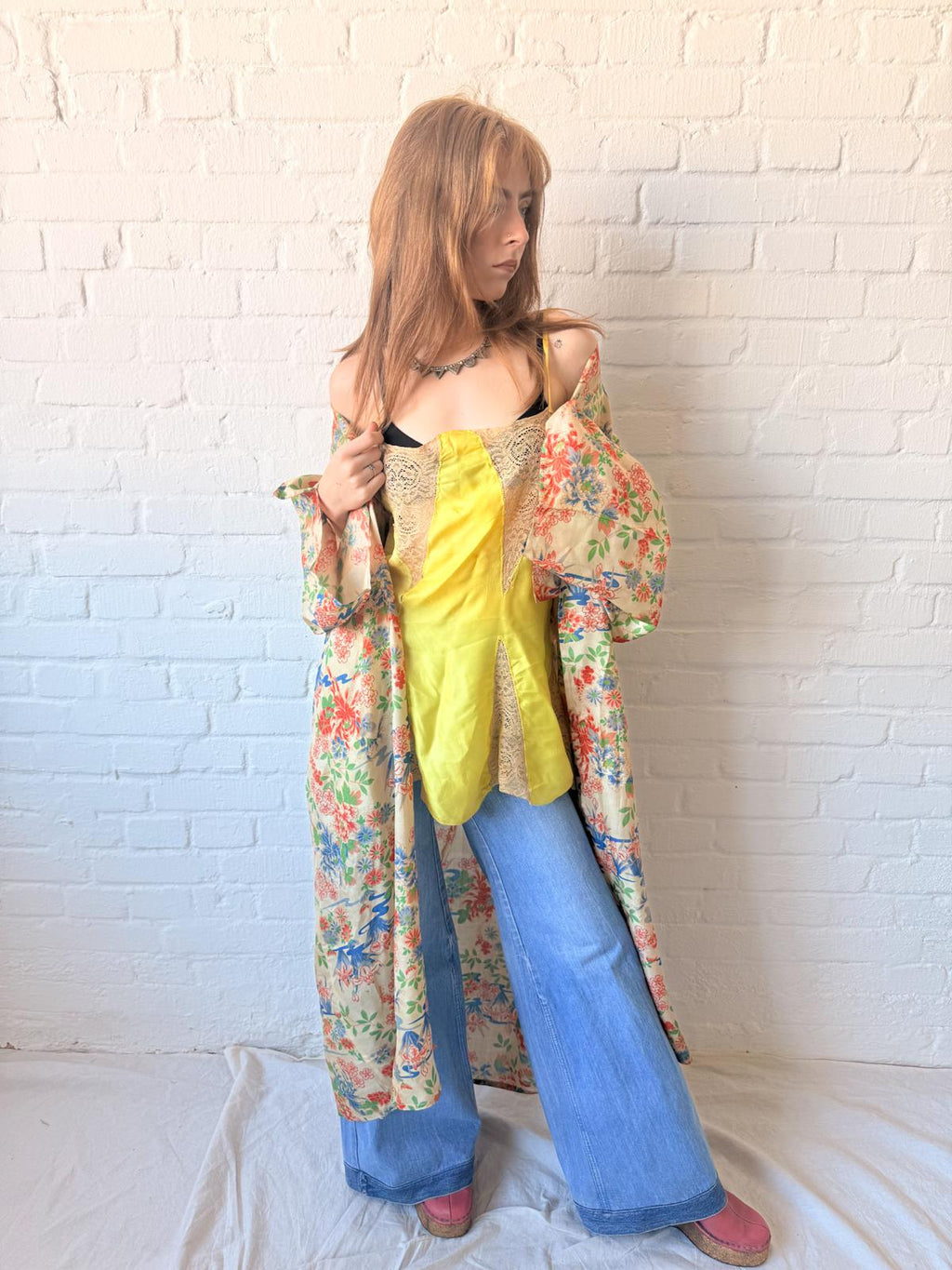1920s Silk Pongee Kimono Robe – Full-Length Floral Tissue Silk