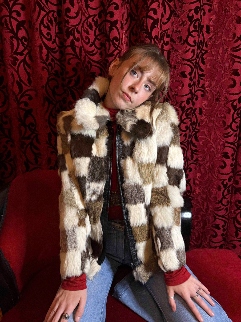 1970s Patchwork Fur &amp; Leather Jacket – Chessboard Pattern with Dagger Collar, Glam Rock Icon
