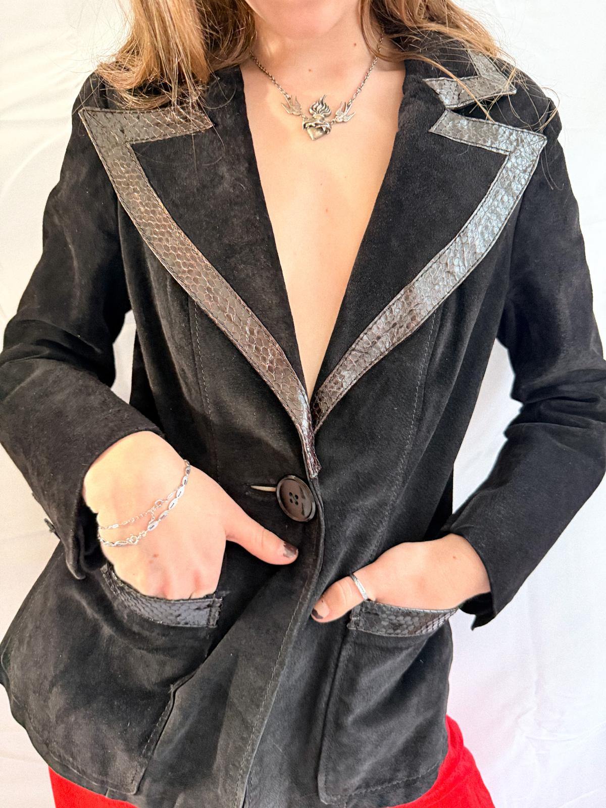 1970s Suede Blazer Jacket with Snakeskin Trimmings