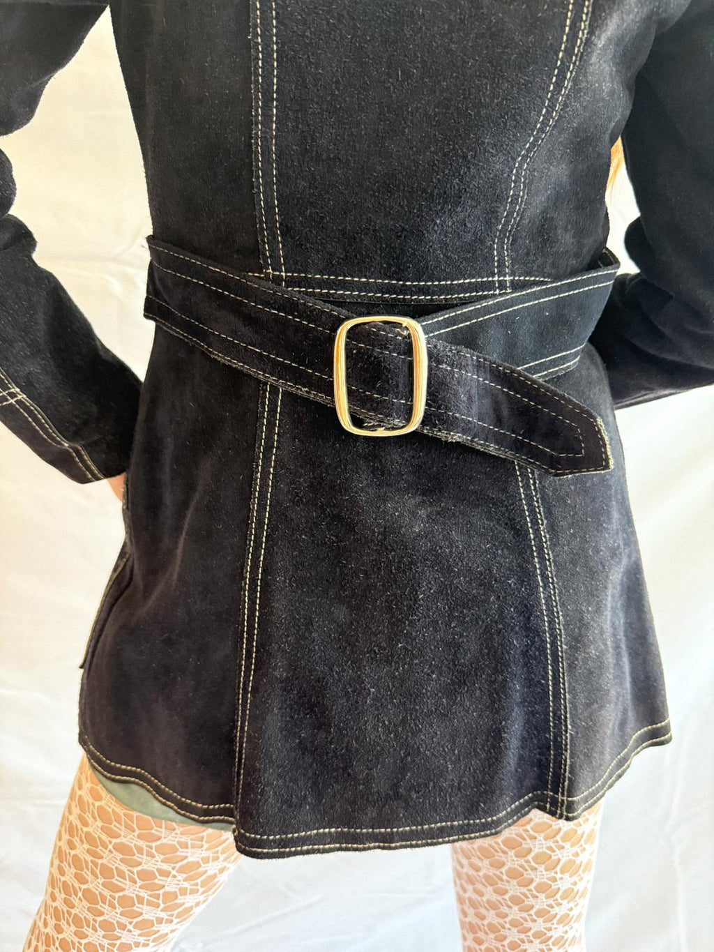RESERVED FOR TUSIA Suede Jacket – Vintage Navy Fitted Leather Coat with Contrast Stitching